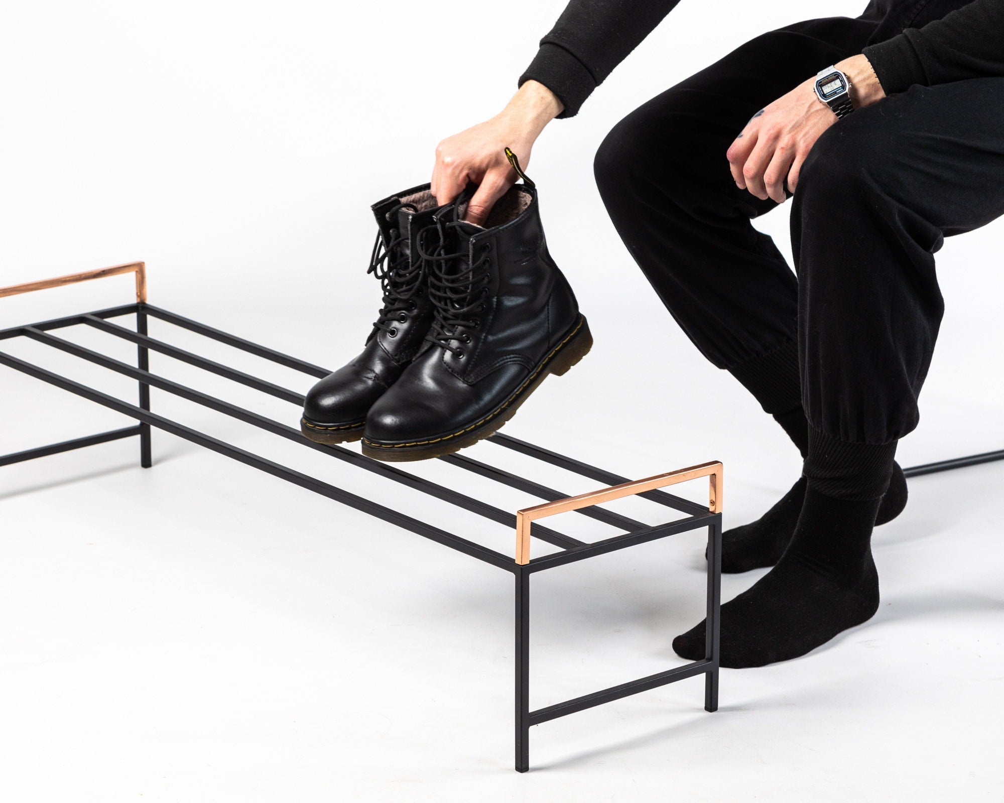 Minimalist Black Metal Shoe Rack with Copper Handles - Atelier Article