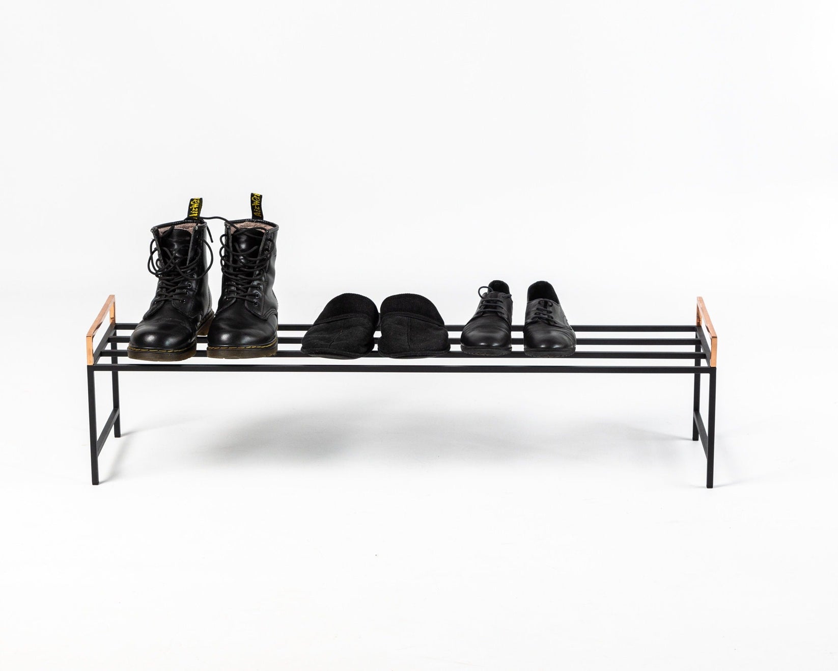 Minimalist Black Metal Shoe Rack with Copper Handles - Atelier Article