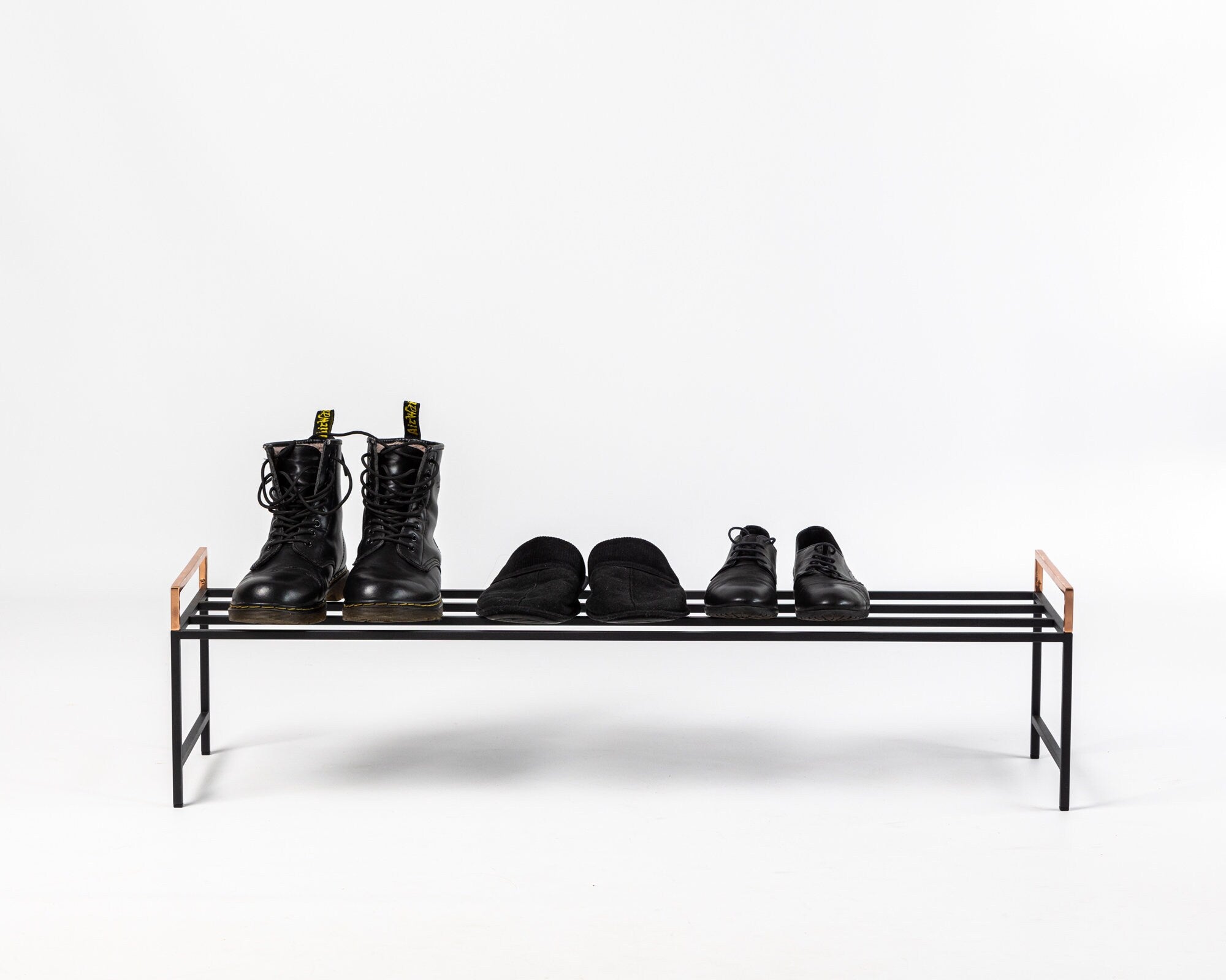 Minimalist Black Metal Shoe Rack with Copper Handles - Atelier Article