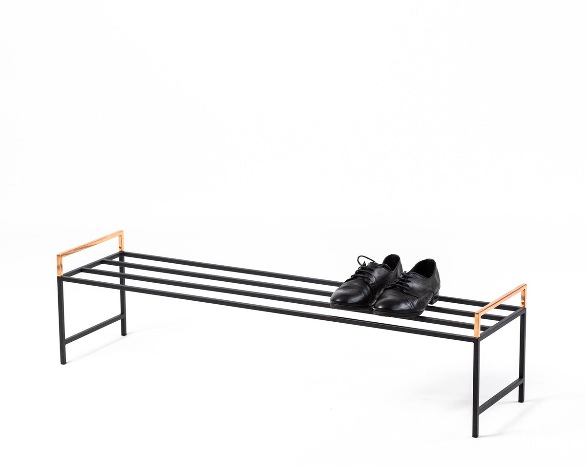 Minimalist Black Metal Shoe Rack with Copper Handles - Atelier Article