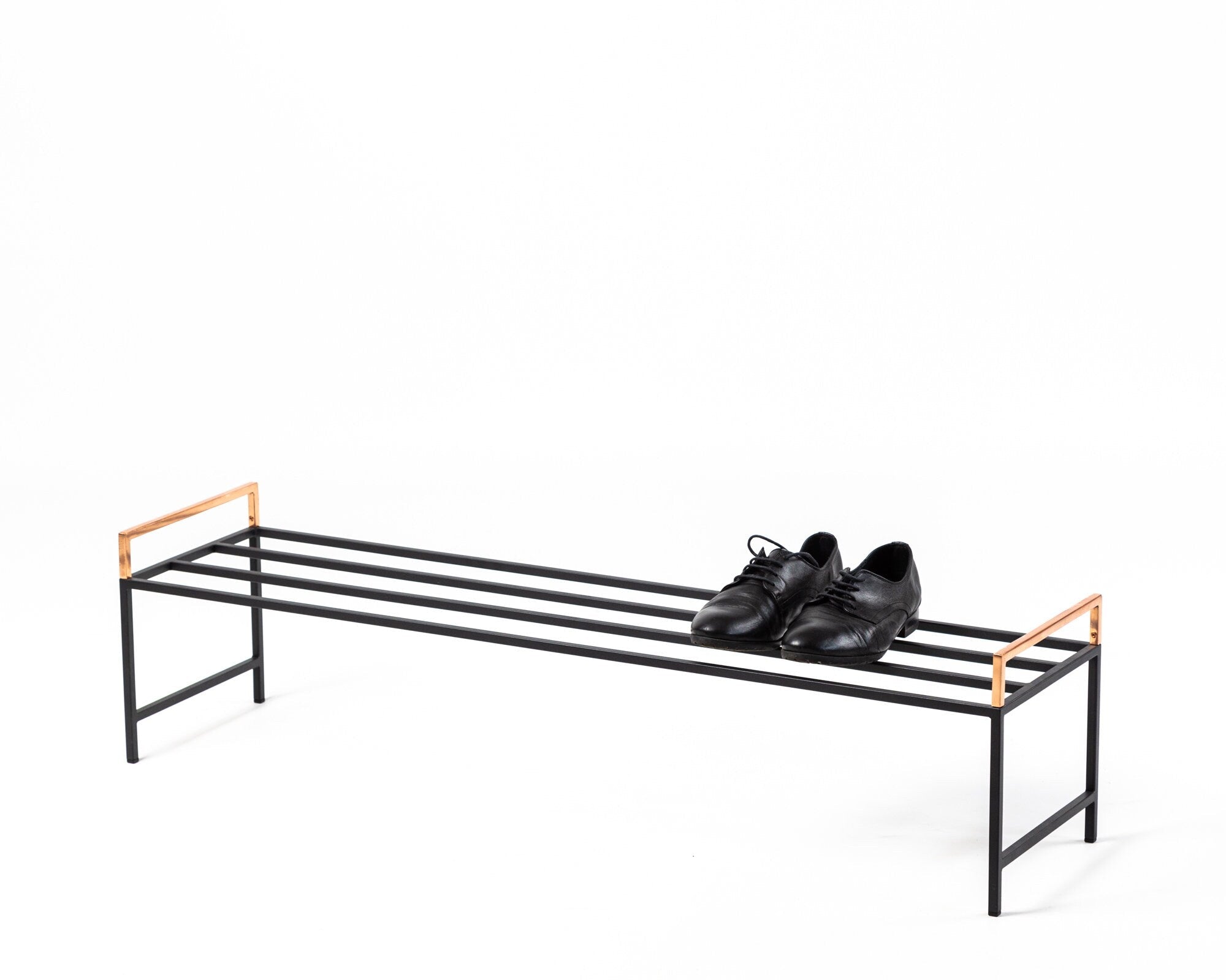 Minimalist Black Metal Shoe Rack with Copper Handles - Atelier Article
