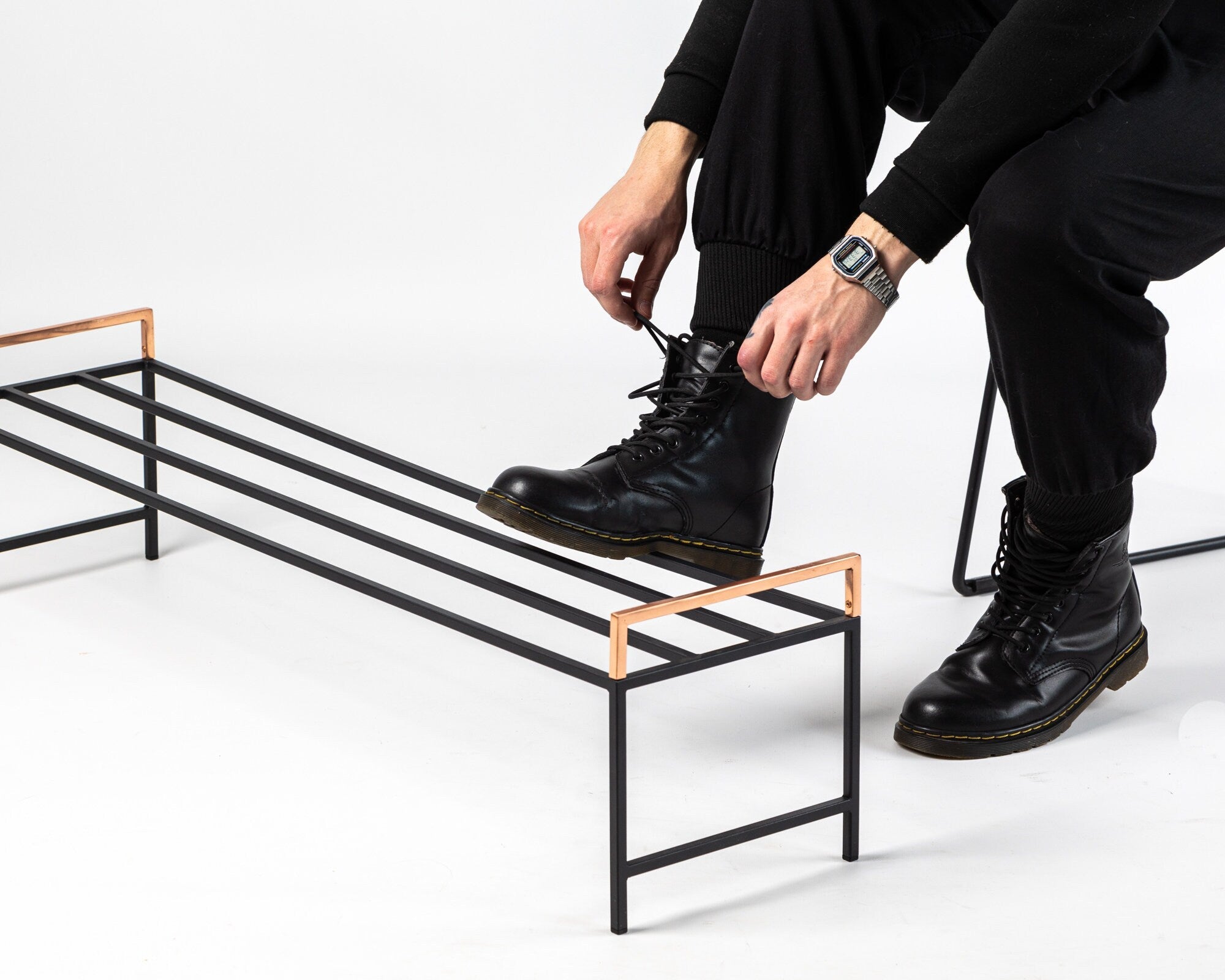 Minimalist Black Metal Shoe Rack with Copper Handles - Atelier Article