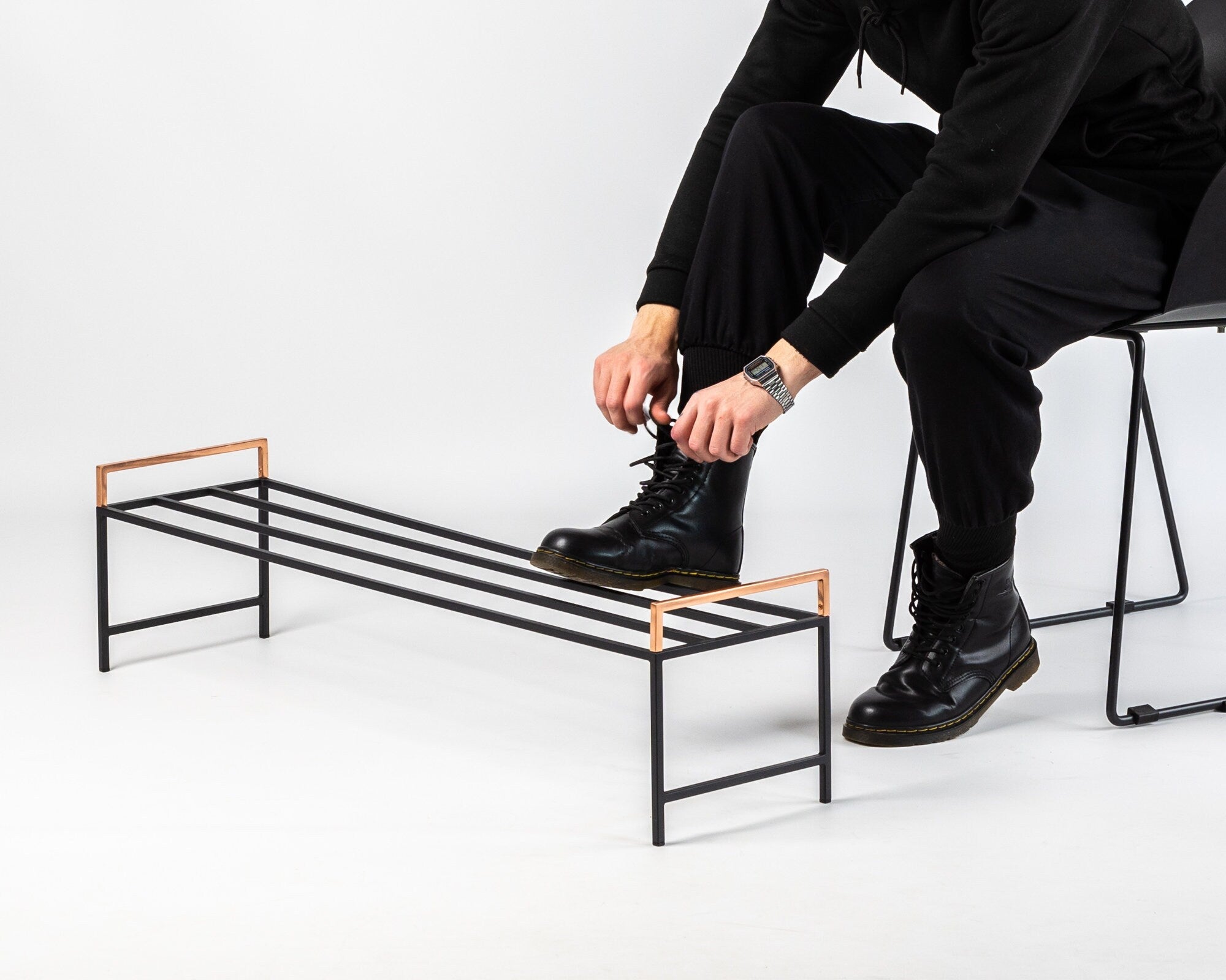 Minimalist Black Metal Shoe Rack with Copper Handles - Atelier Article