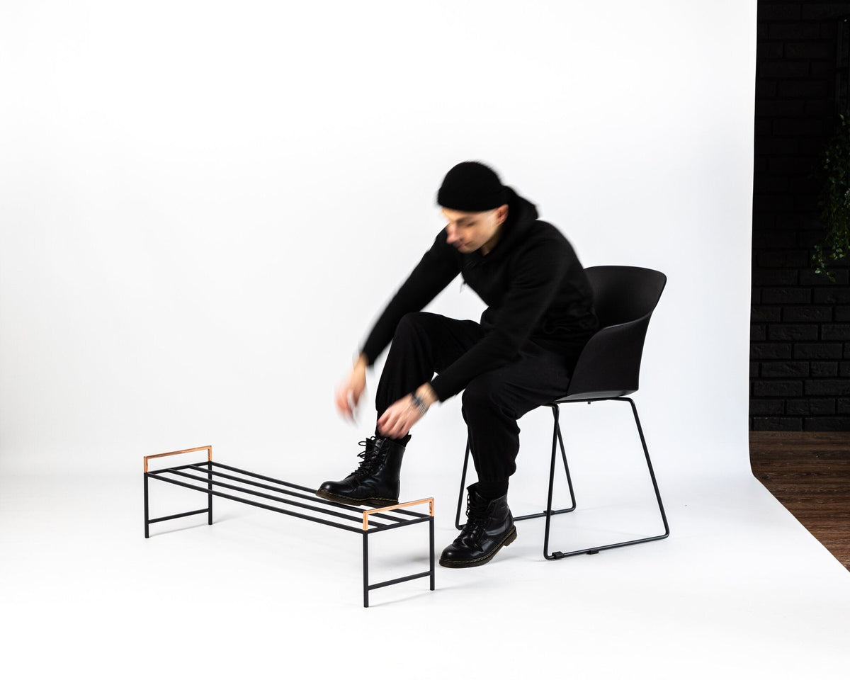 Minimalist Black Metal Shoe Rack with Copper Handles - Atelier Article