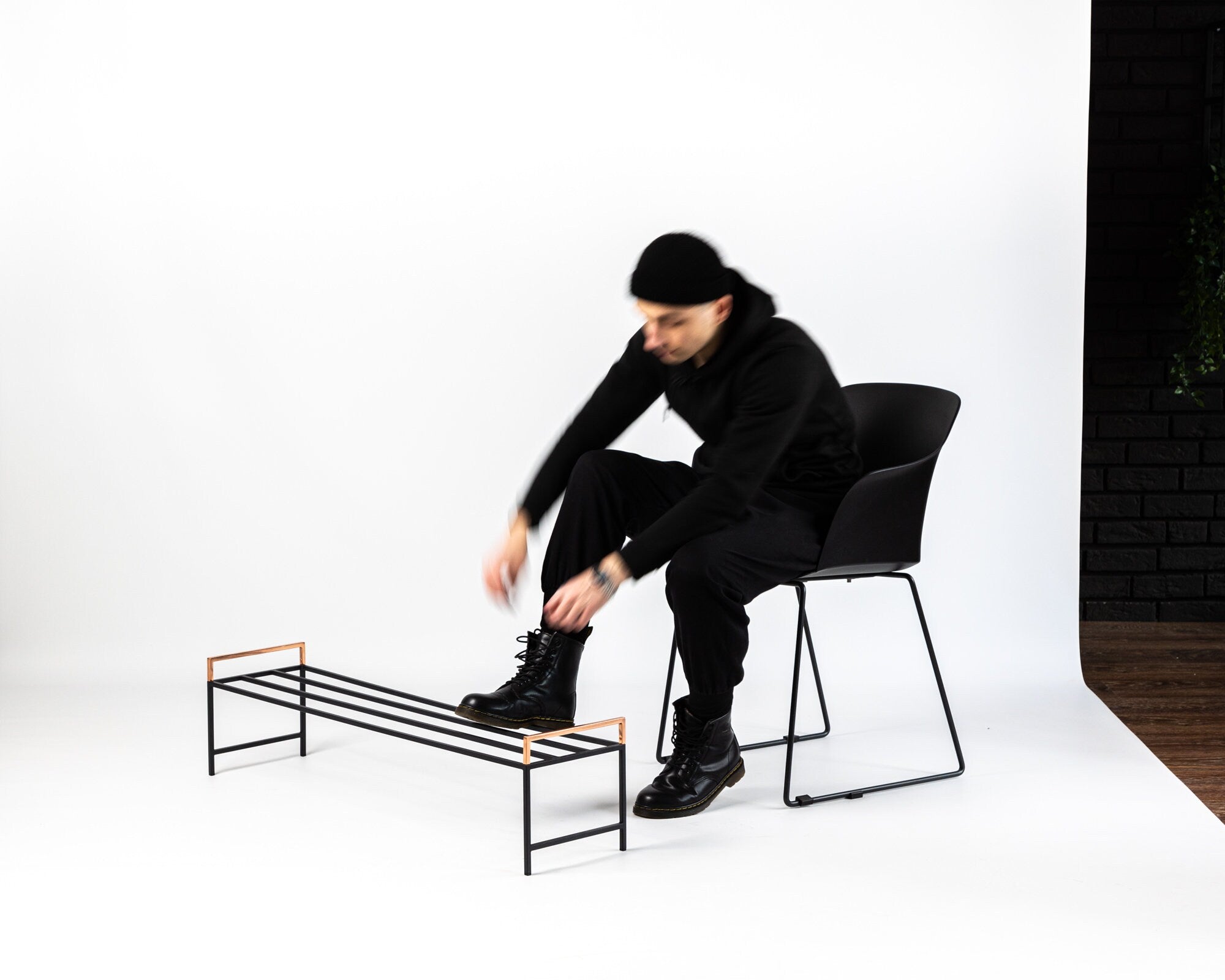 Minimalist Black Metal Shoe Rack with Copper Handles - Atelier Article