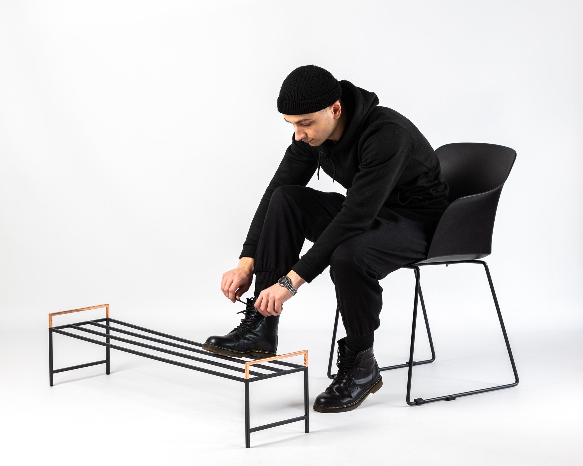 Minimalist Black Metal Shoe Rack with Copper Handles - Atelier Article