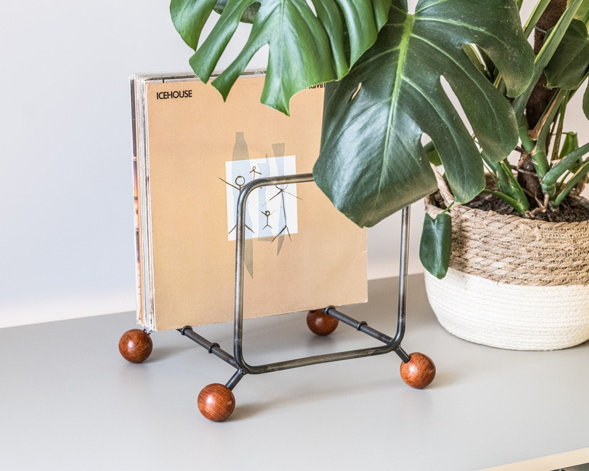Minimalist Vinyl Record Rack with Wooden Ball Feet – Modern Metal LP Stand - Atelier Article