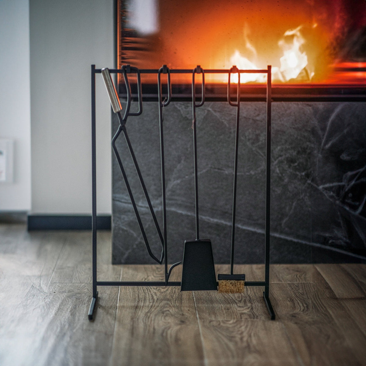 Modern Fireplace Tools with the Stand: Fireplace Poker, Tongs, Shovel, Broom, Hand Forged. - Atelier Article