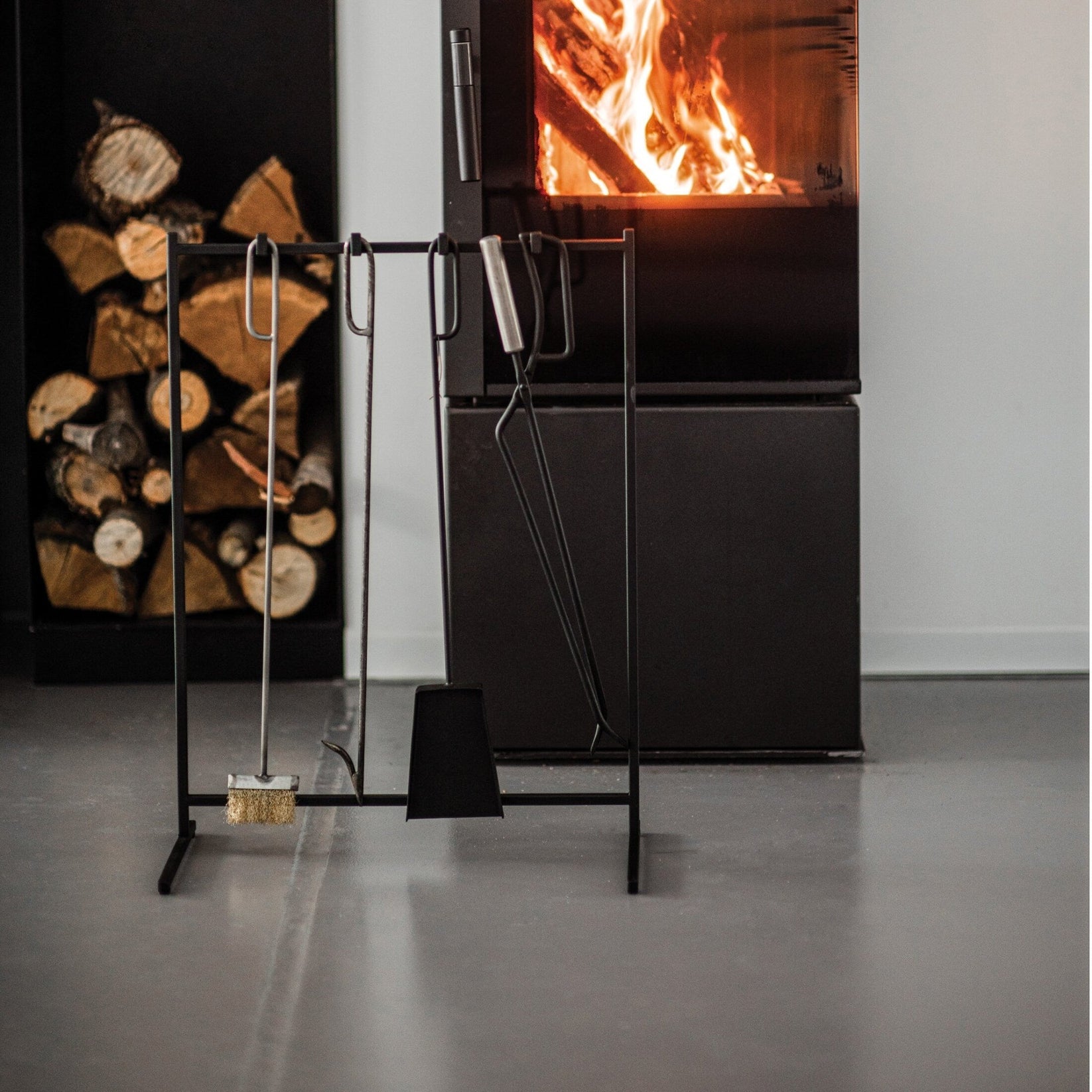 Modern Fireplace Tools with the Stand: Fireplace Poker, Tongs, Shovel, Broom, Hand Forged. - Atelier Article