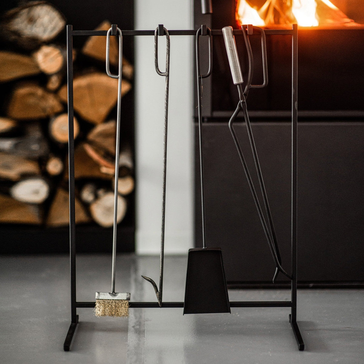 Modern Fireplace Tools with the Stand: Fireplace Poker, Tongs, Shovel, Broom, Hand Forged. - Atelier Article