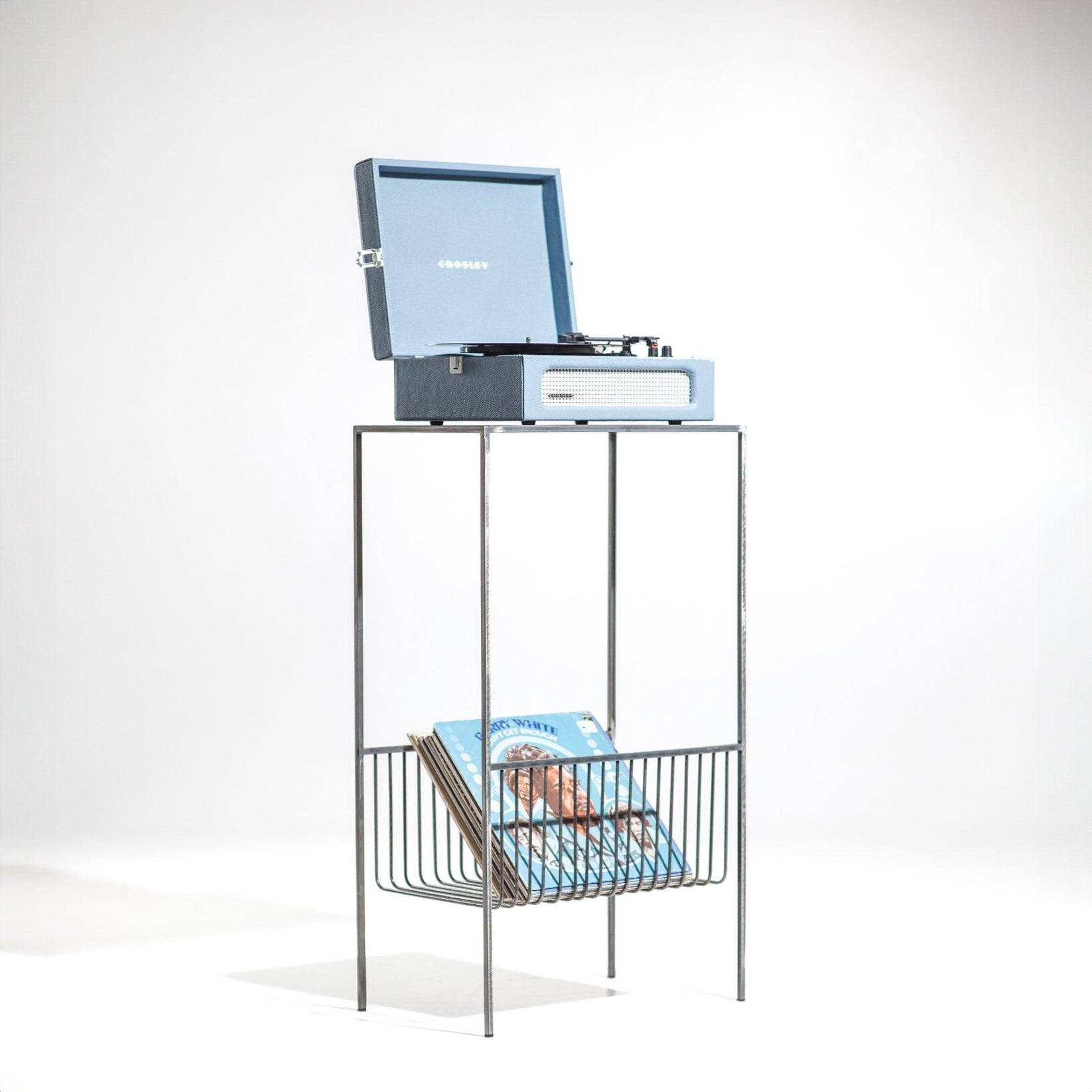 Atelier Article raw steel record player stand with turntable and LP storage basket