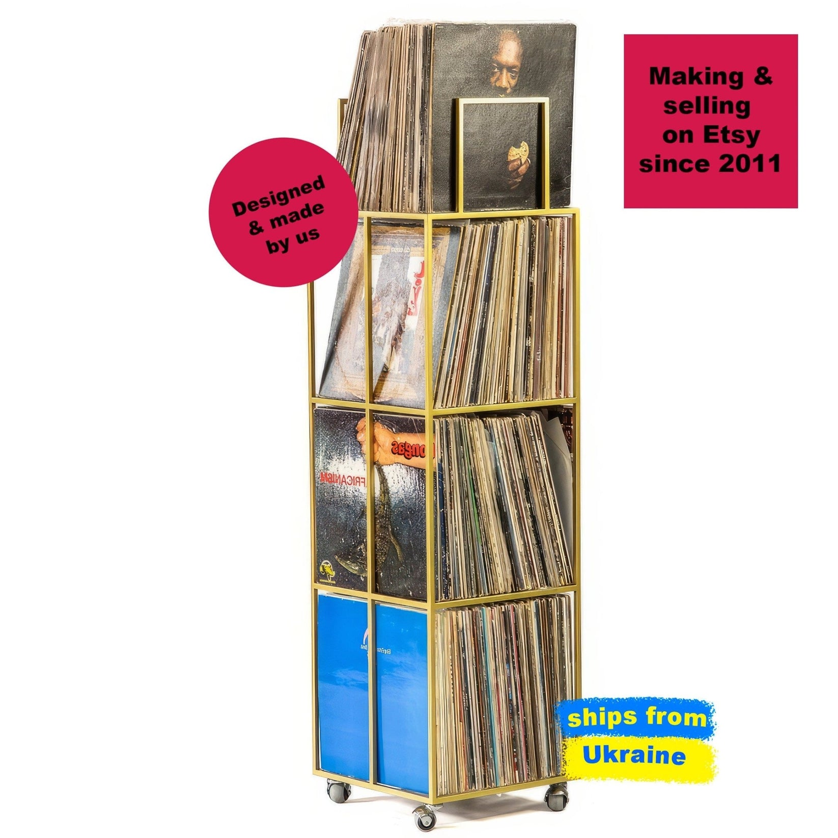 Tall gold vinyl record holder on wheels, filled with LPs, displayed at an angle against a white background. The stand is handcrafted. Not mass-produced.