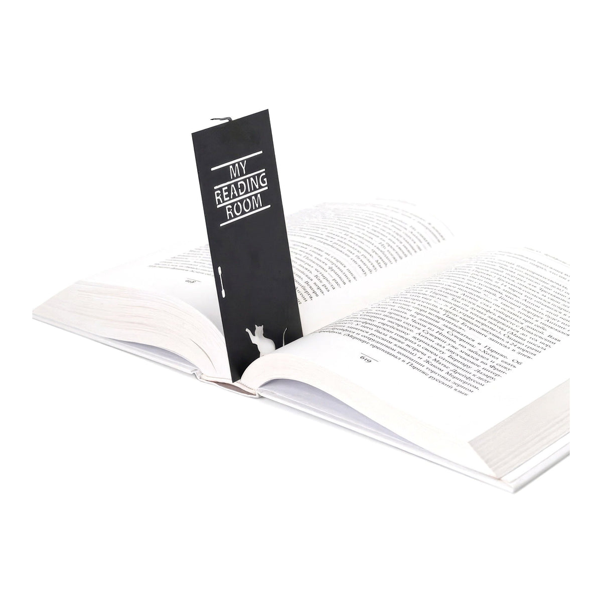 My Reading Room metal bookmark resting on the pages of an open book