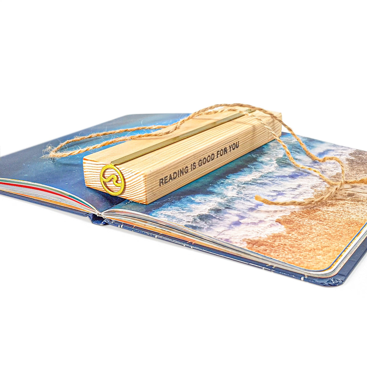 Nautical Big Wave metal bookmark with the engraved wooden gift block it ships with