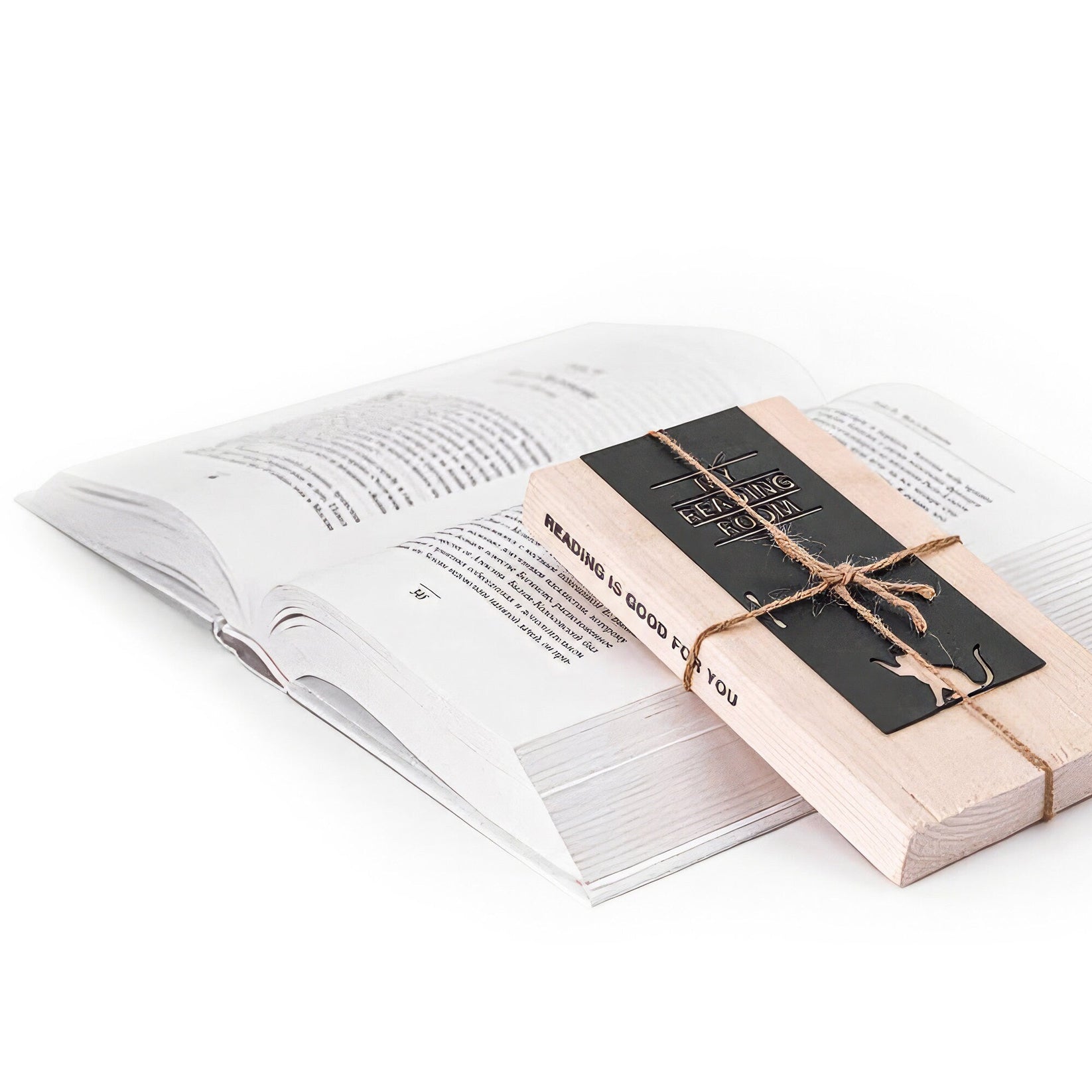 My Reading Room metal bookmark with the engraved wooden gift block it ships with