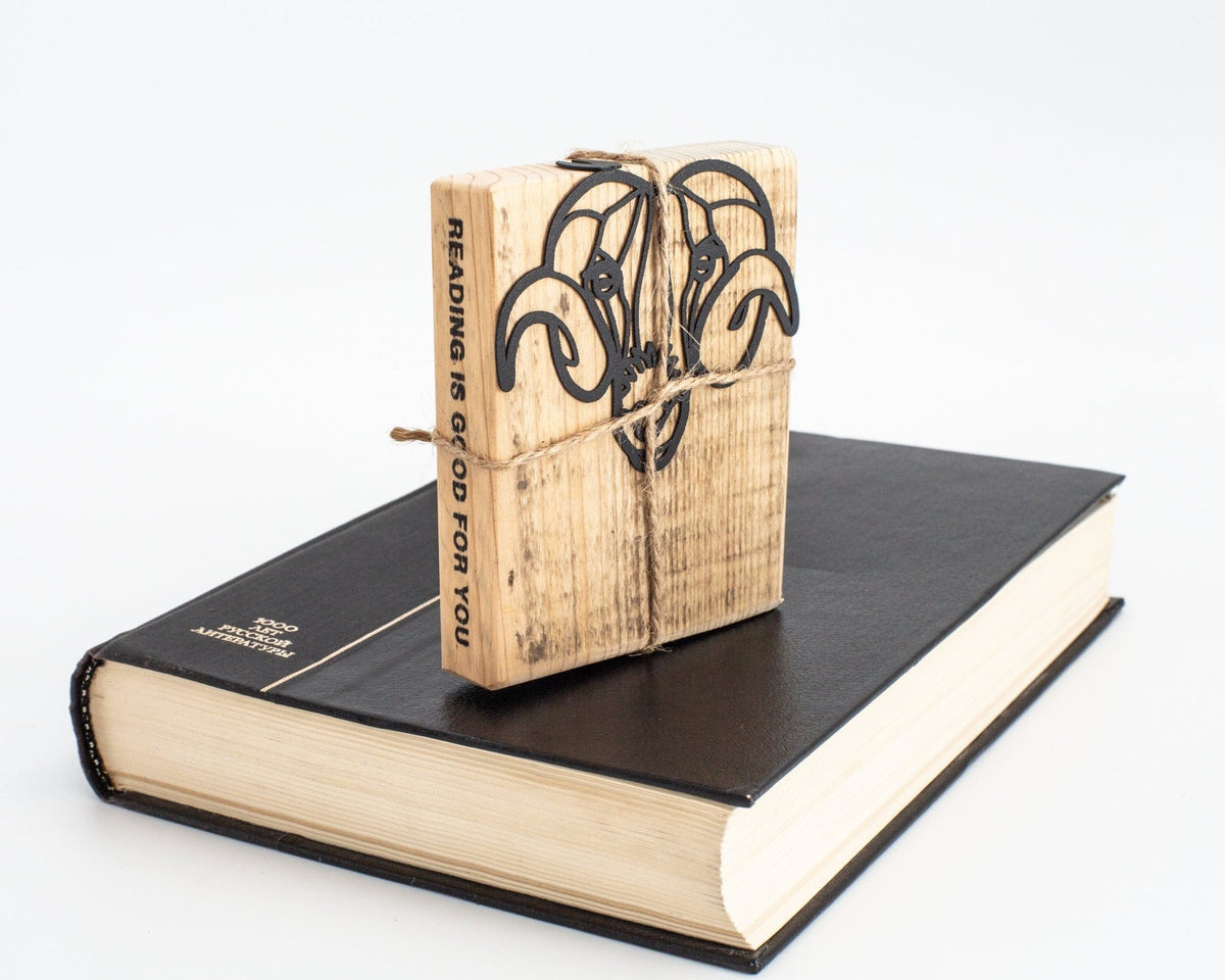 Ram's Head metal bookmark with the engraved wooden gift block it ships with