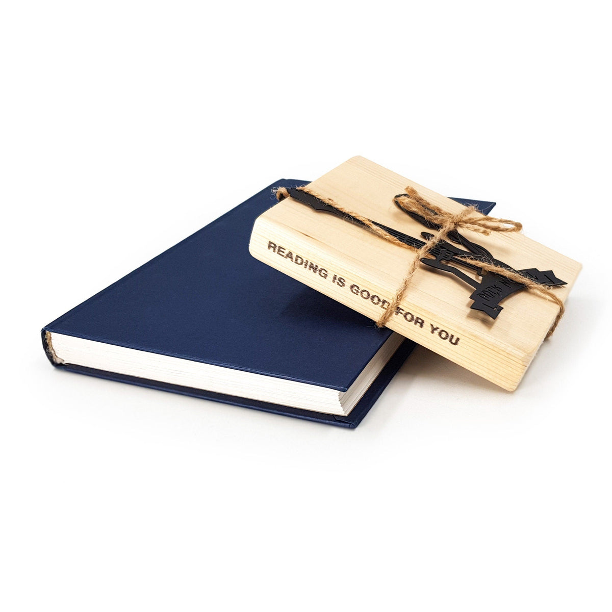 Rock and Roll metal bookmark with the engraved wooden gift block it ships with