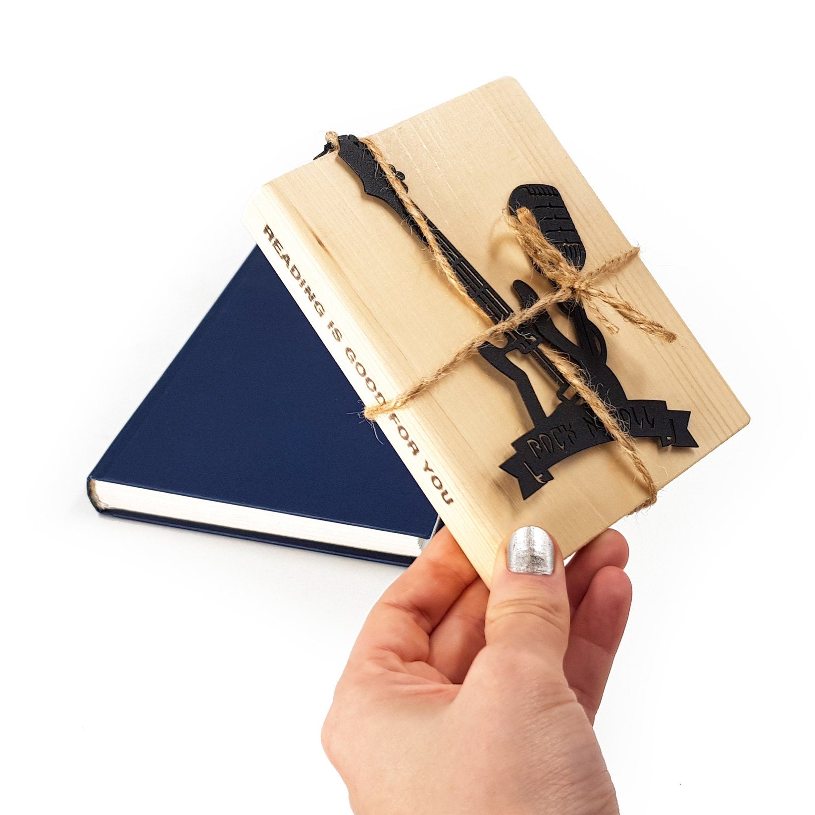 Rock and Roll metal bookmark packed with kraft paper and twine as a gift