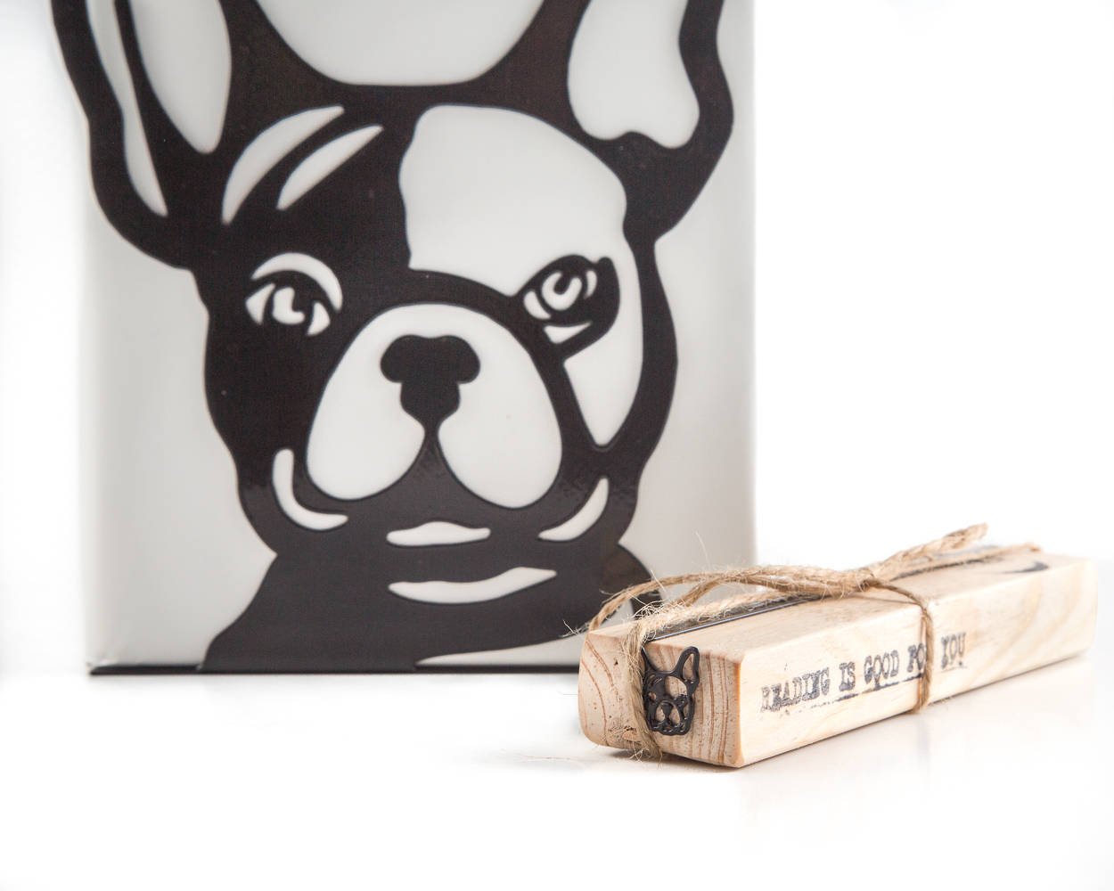French Bulldog metal bookmark packed with kraft paper and twine as a gift