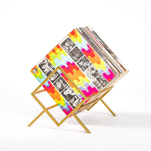 Gold 1Romb metal vinyl record stand holding LP records