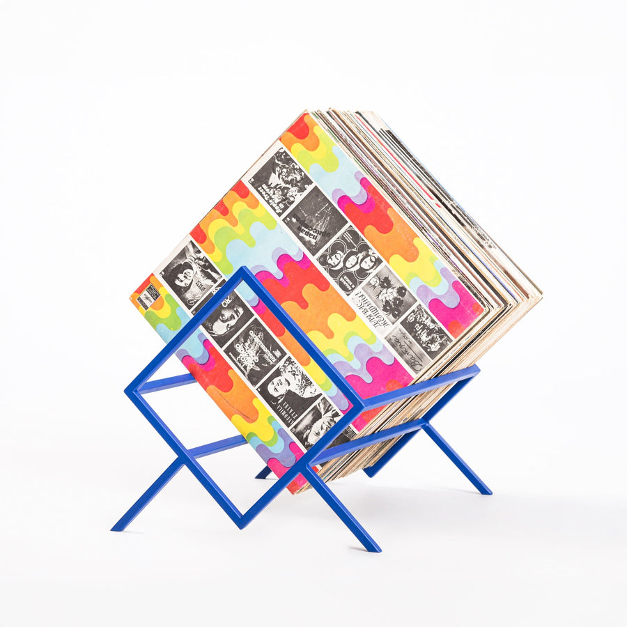 Blue one-tier 1Romb metal vinyl record stand holding LP records