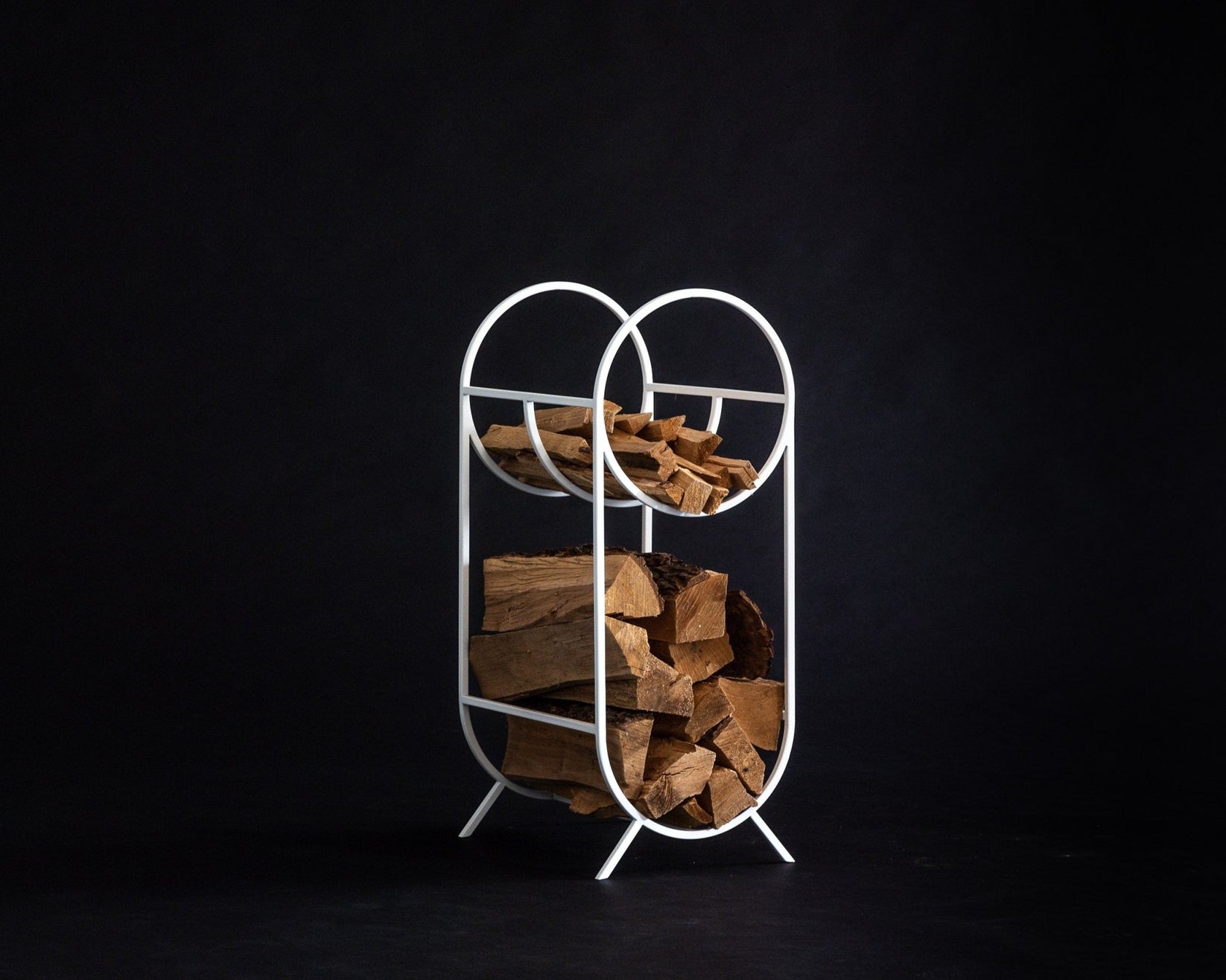 Oval White Bauhaus Log Holder - Small Elegant Firewood Storage with Kindling Section - Atelier Article