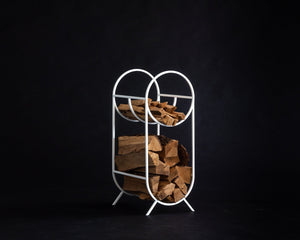 Oval White Bauhaus Log Holder - Small Elegant Firewood Storage with Kindling Section - Atelier Article