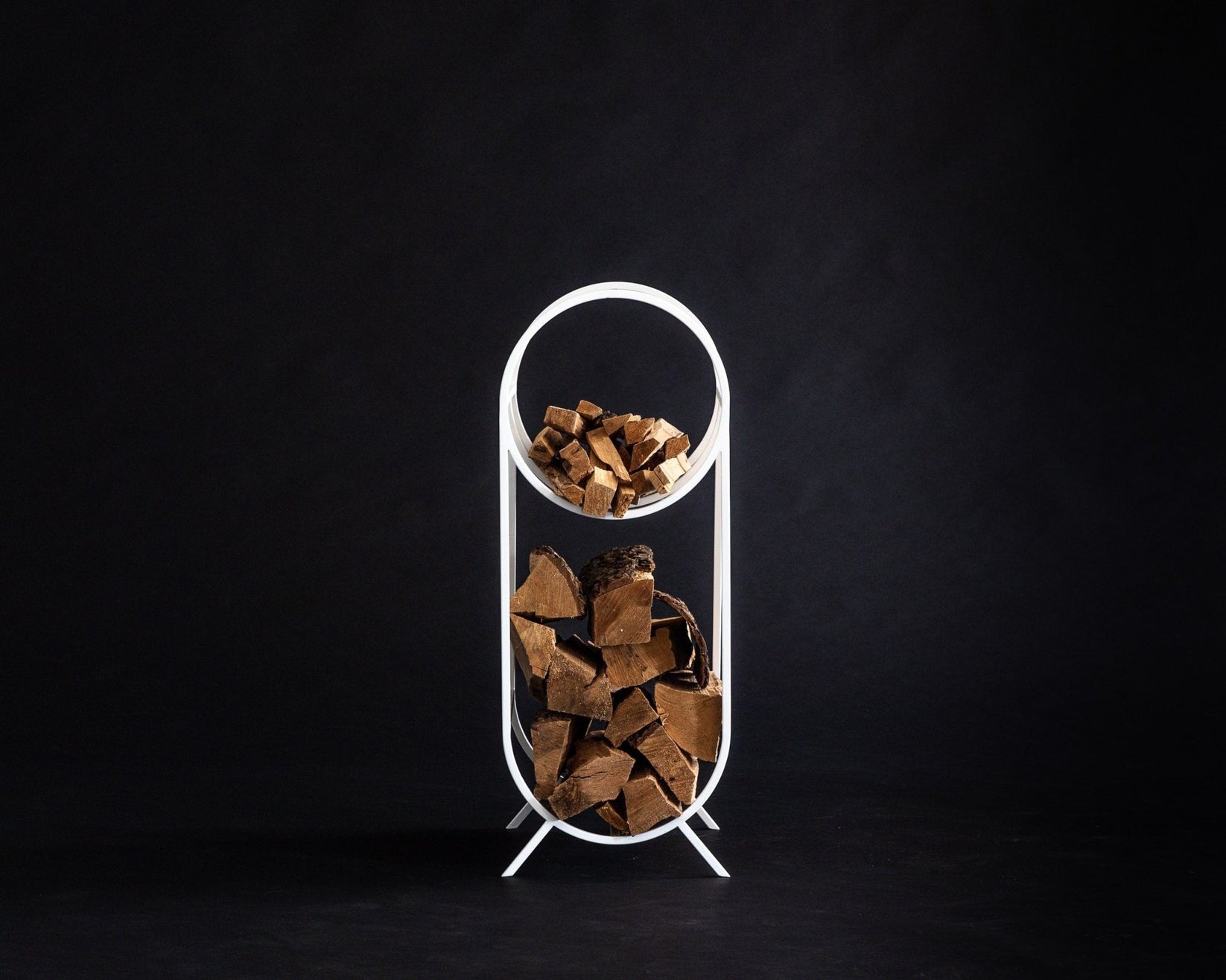 Oval White Bauhaus Log Holder - Small Elegant Firewood Storage with Kindling Section - Atelier Article