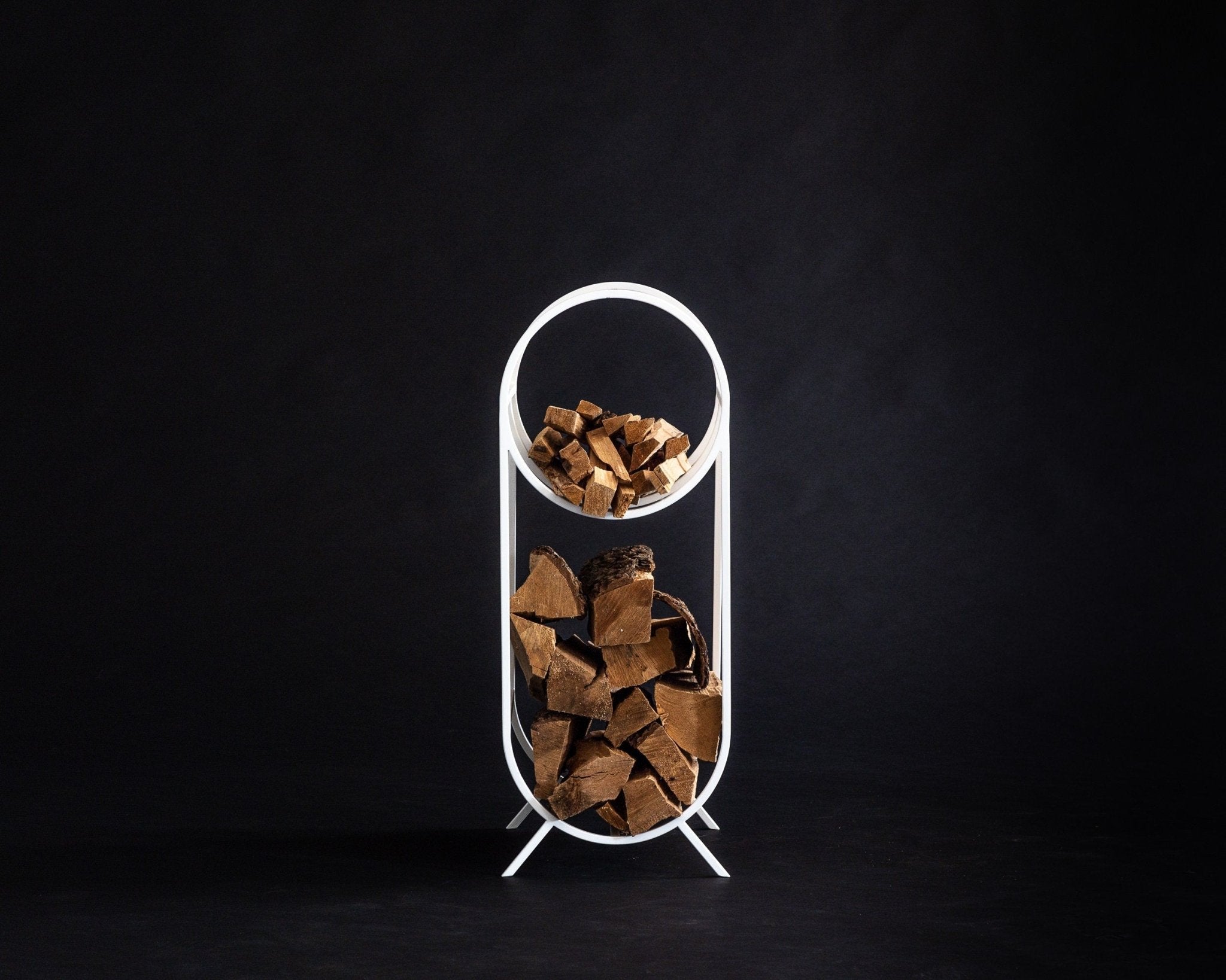 Oval White Bauhaus Log Holder - Small Elegant Firewood Storage with Kindling Section - Atelier Article