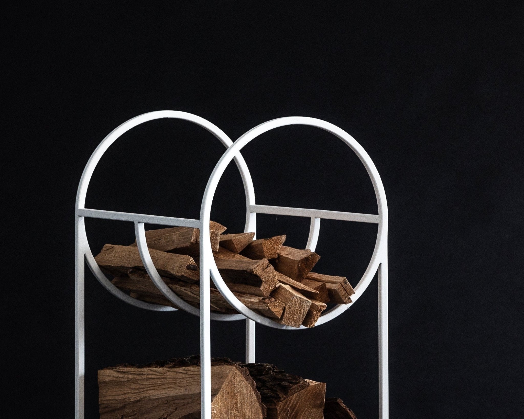 Oval White Bauhaus Log Holder - Small Elegant Firewood Storage with Kindling Section - Atelier Article