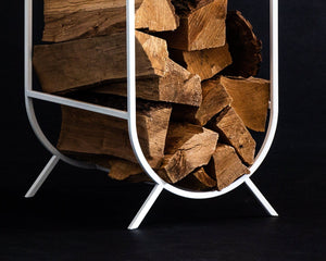 Oval White Bauhaus Log Holder - Small Elegant Firewood Storage with Kindling Section - Atelier Article