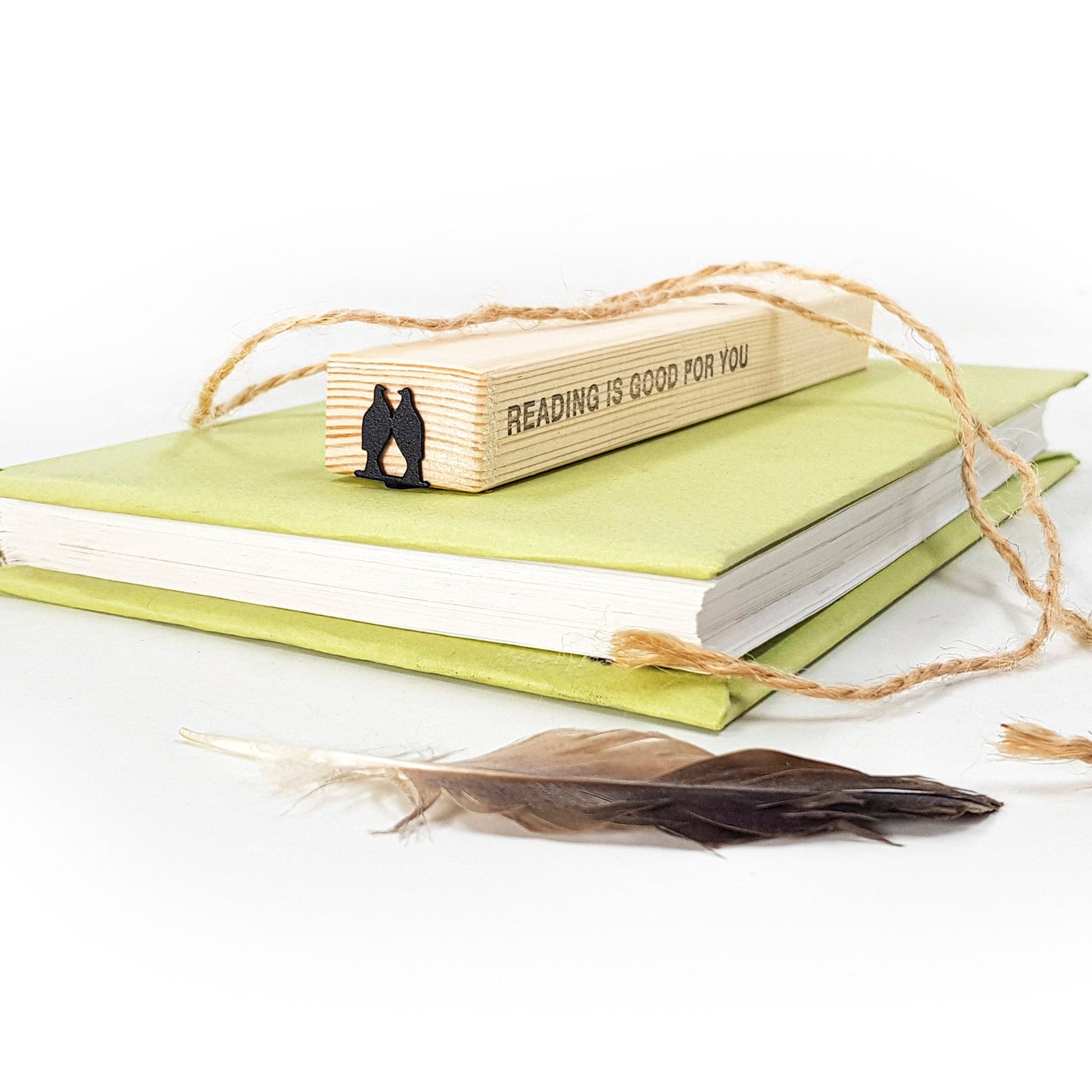 Pair of Pigeons metal bookmark with the engraved wooden gift block it ships with
