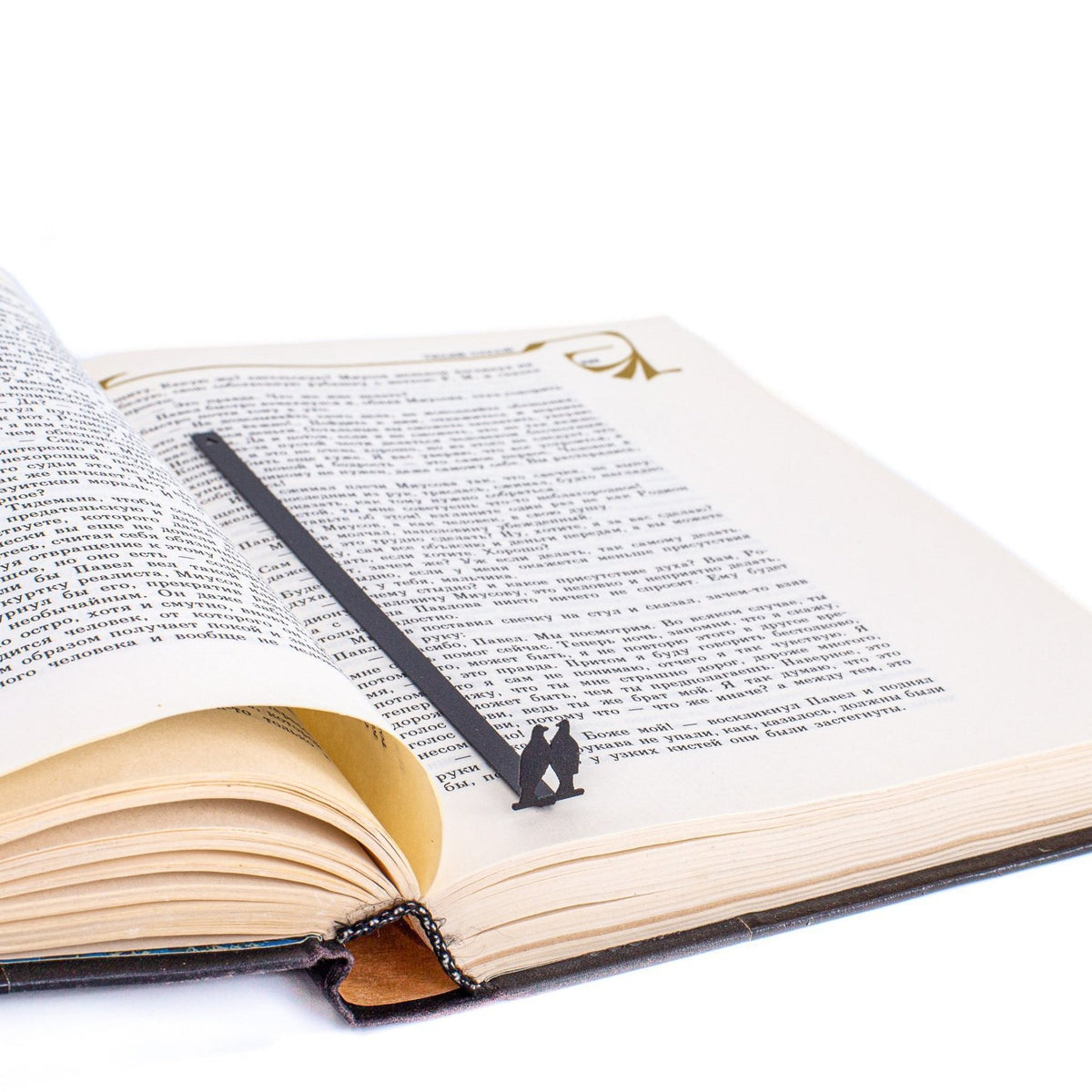 Pair of Pigeons metal bookmark lying across the pages of an open book