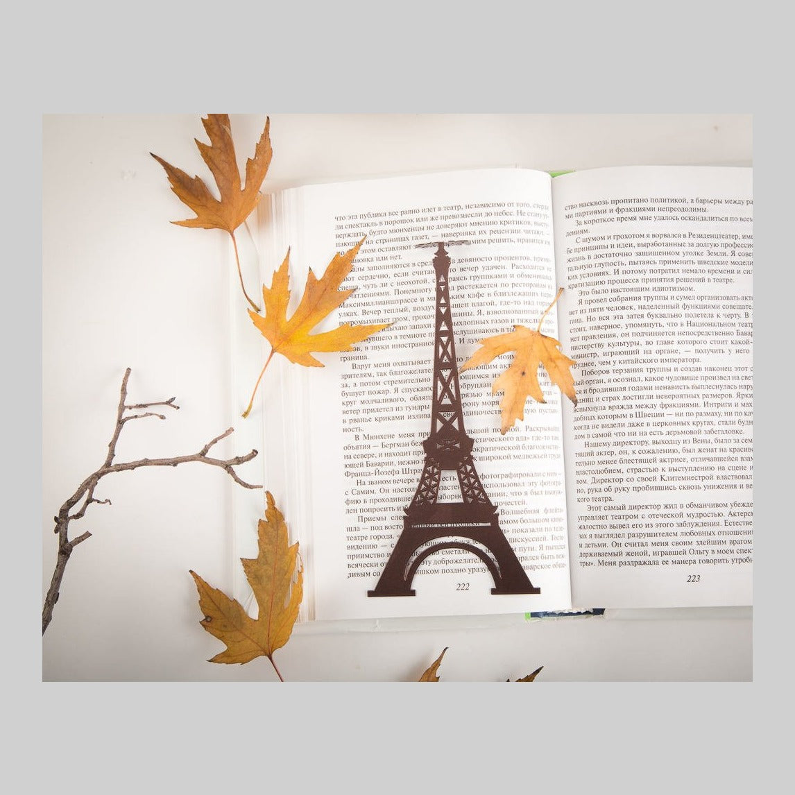 Paris Eiffel Tower metal bookmark resting on the pages of an open book
