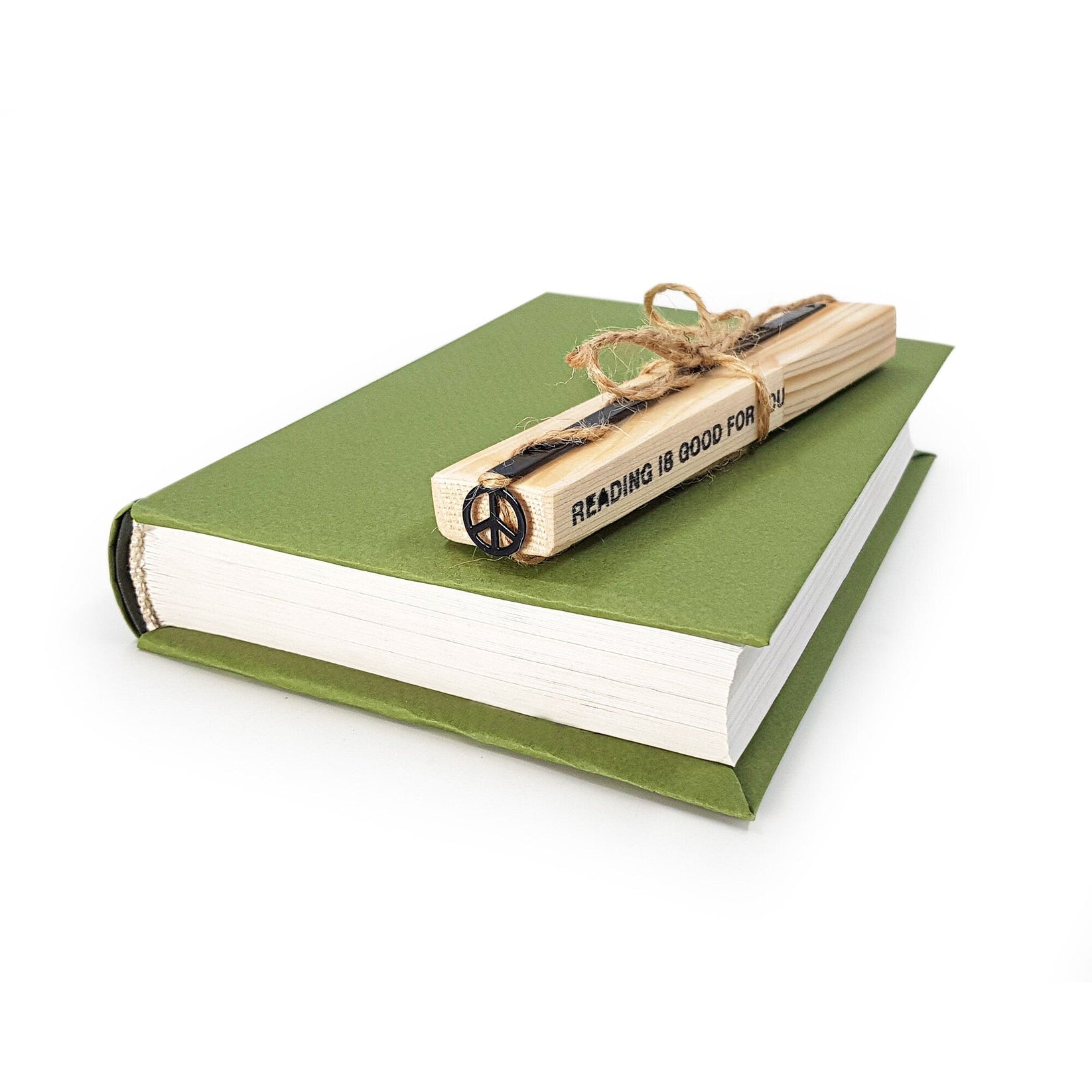 Peace metal bookmark with the engraved wooden gift block it ships with