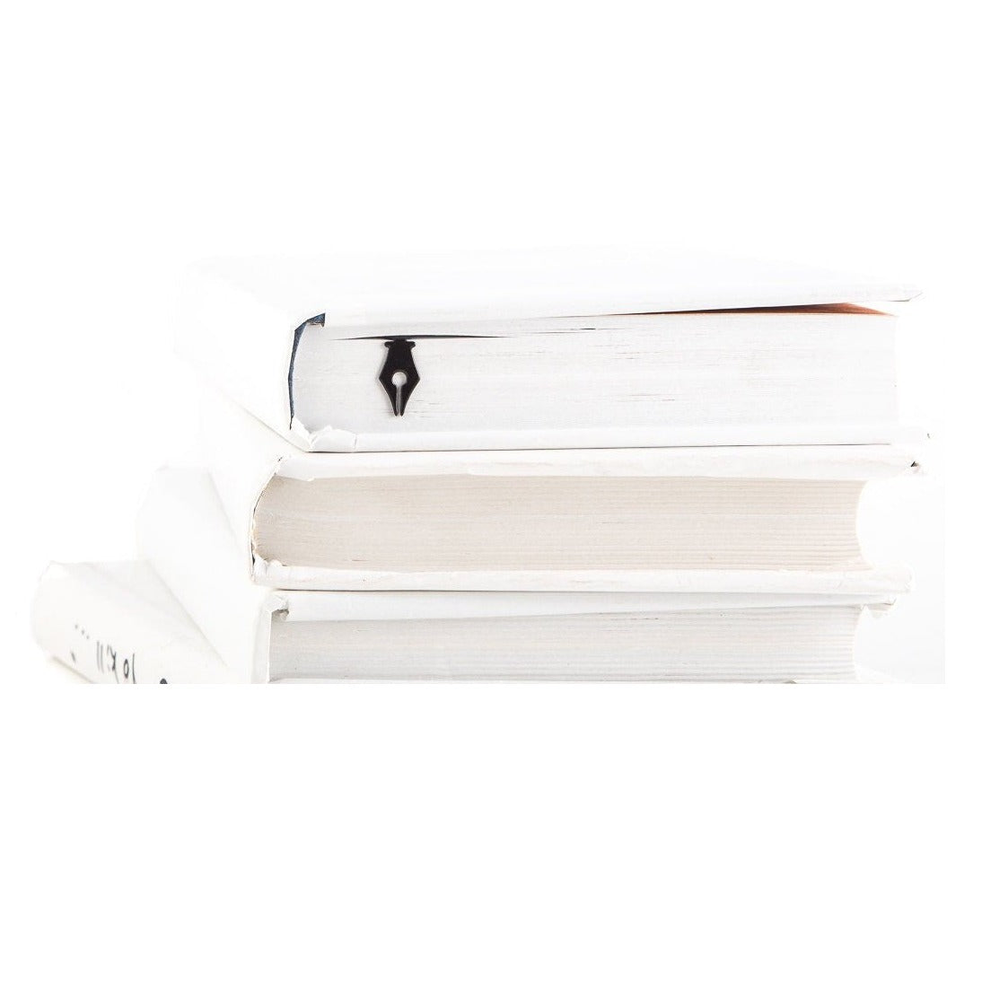 Pen Point metal bookmark shown with a stack of books