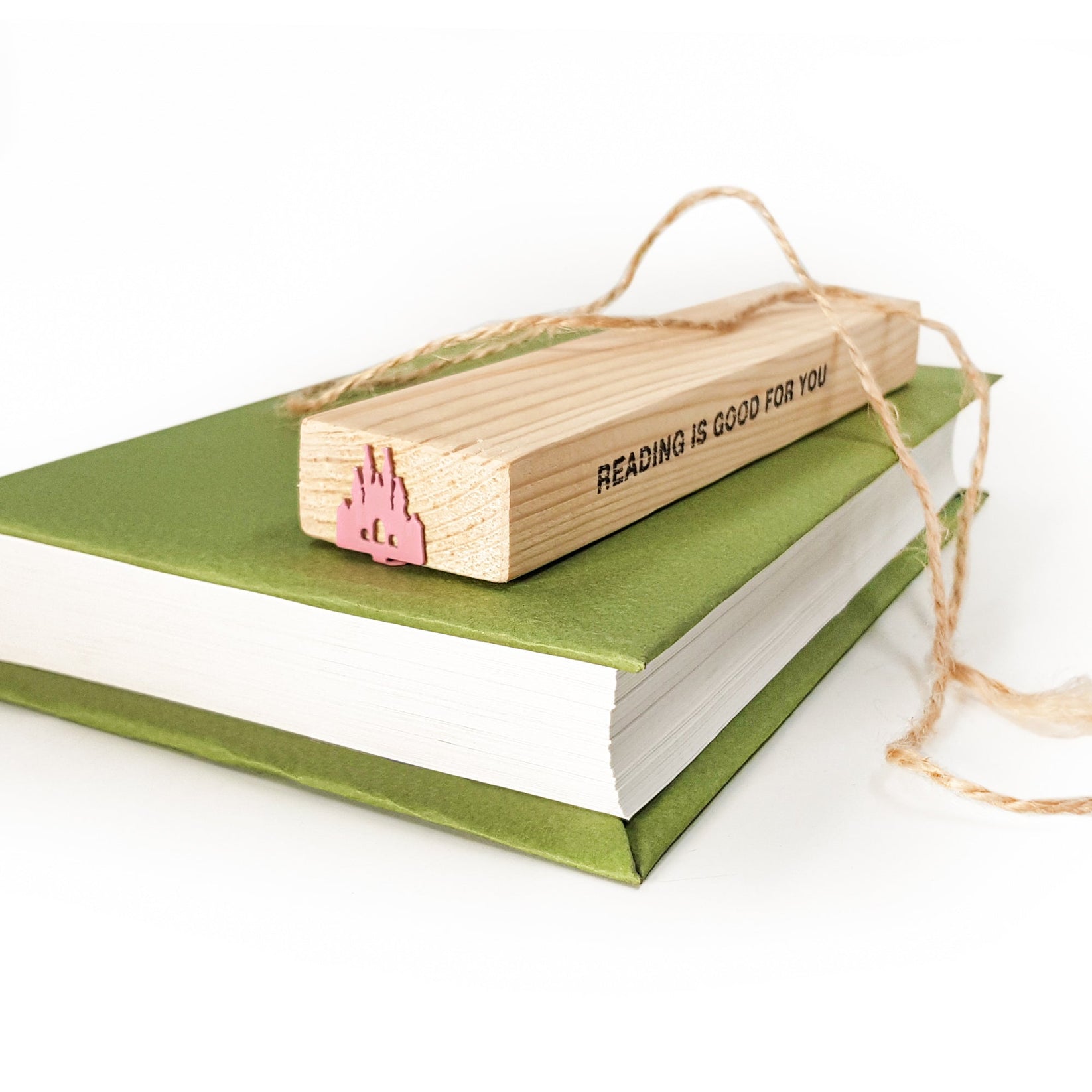 Princess Castle Pink metal bookmark in red with the engraved wooden gift block it ships with