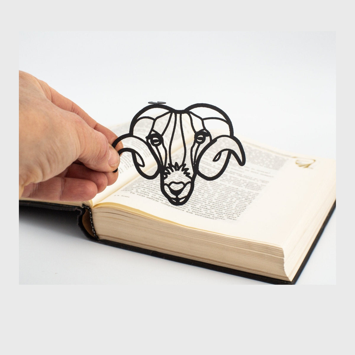 Ram's Head metal bookmark held in a hand above an open book