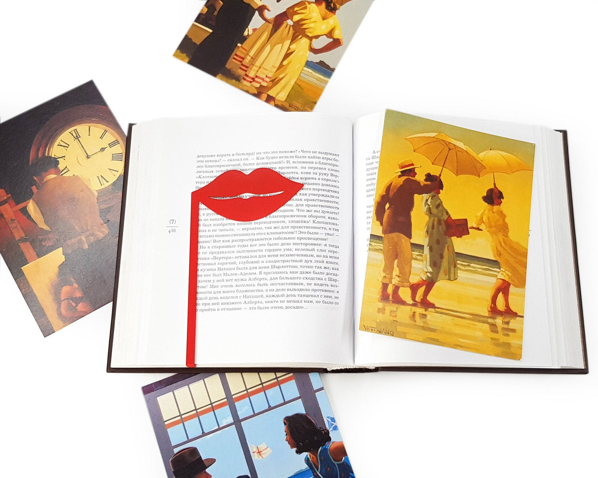 Romantic Red Lips metal bookmark in red on an illustrated page