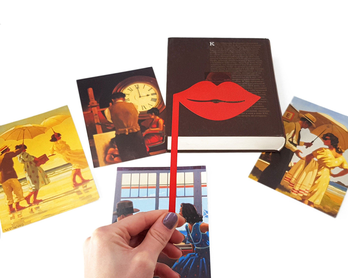 Romantic Red Lips metal bookmark in red on an illustrated page, view 5
