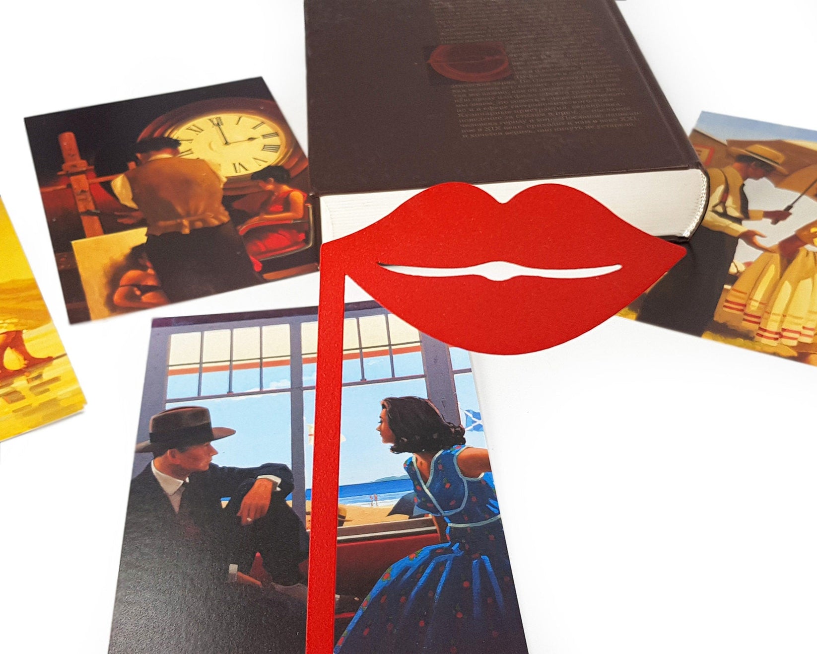 Romantic Red Lips metal bookmark in red placed on a colour illustration