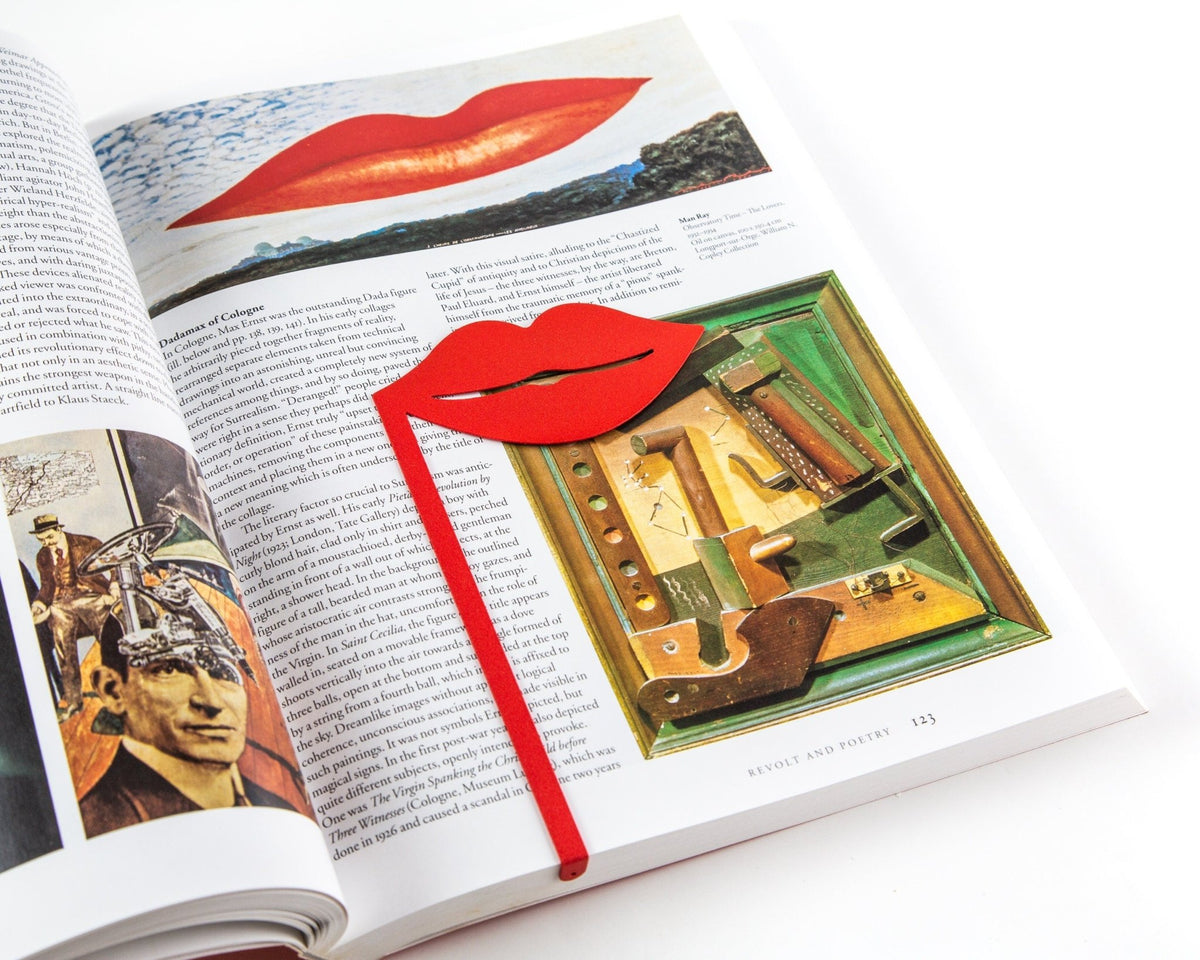 Romantic Red Lips metal bookmark in red marking a page in an illustrated book, view 4