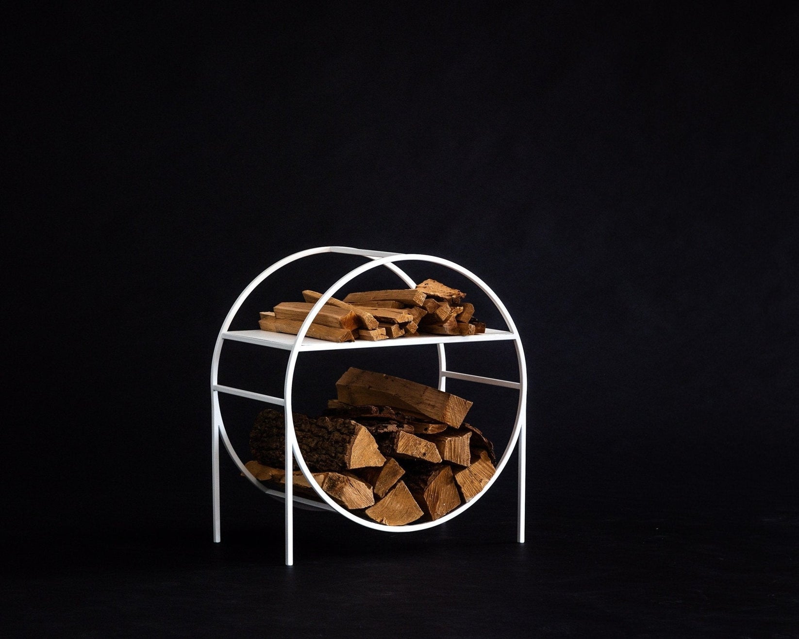 White round log holder with separate kindling shelf — view 2