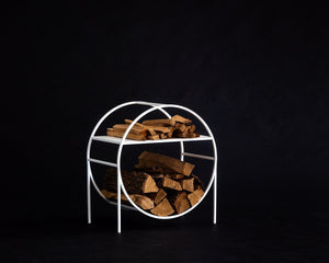 White round log holder with separate kindling shelf — view 2