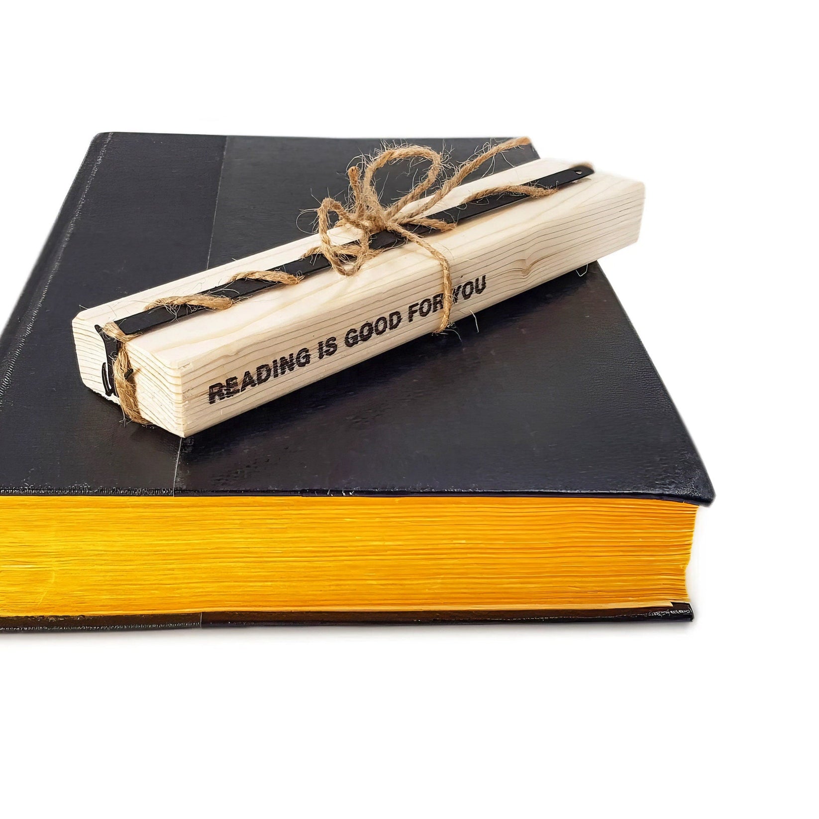 Grim Reaper metal bookmark with the engraved wooden gift block it ships with