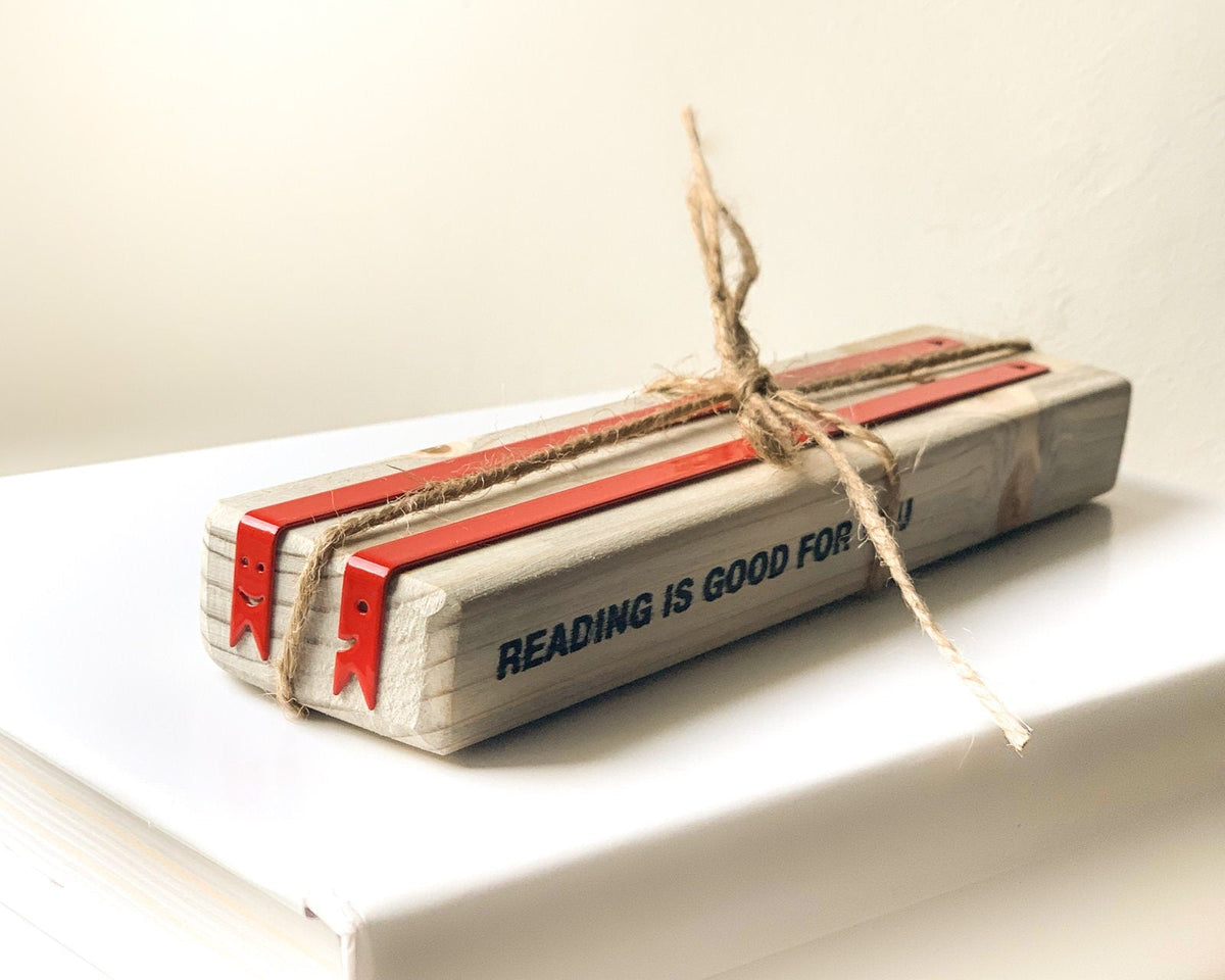 Smiling Ribbons Metal Bookmarks with the engraved wooden gift block it ships with
