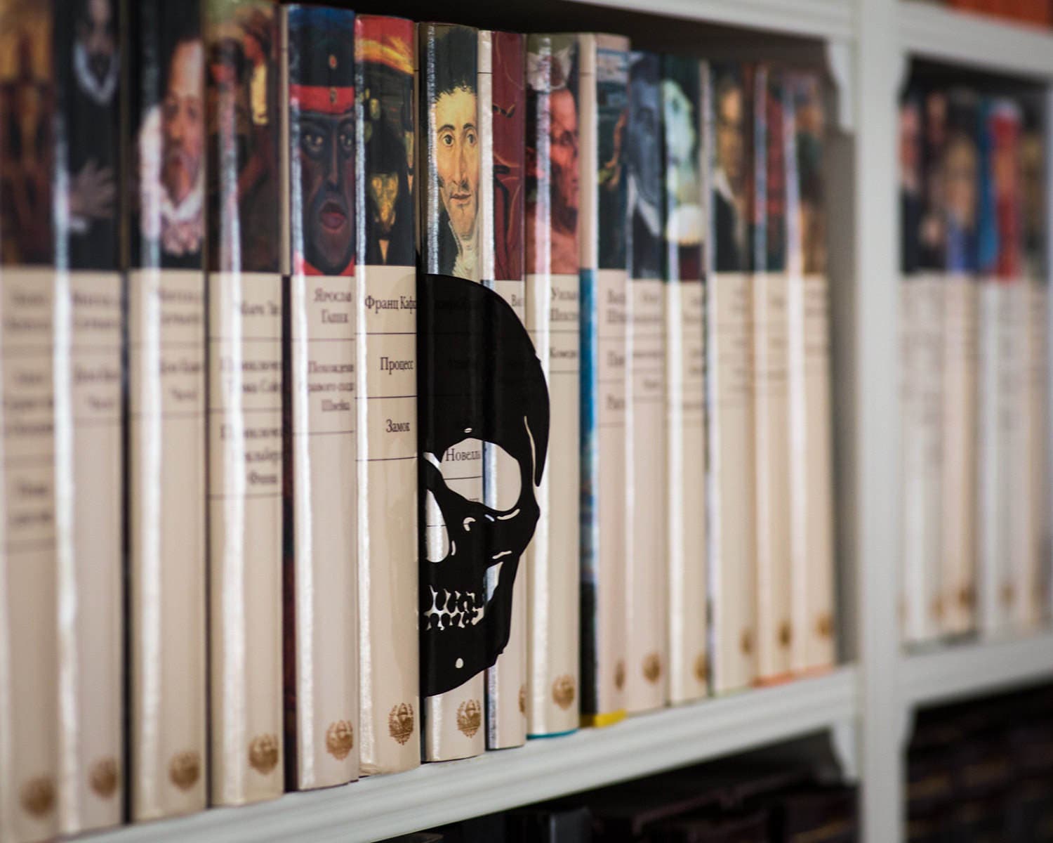 Skull Bookshelf Divider metal bookmark shown with a stack of books