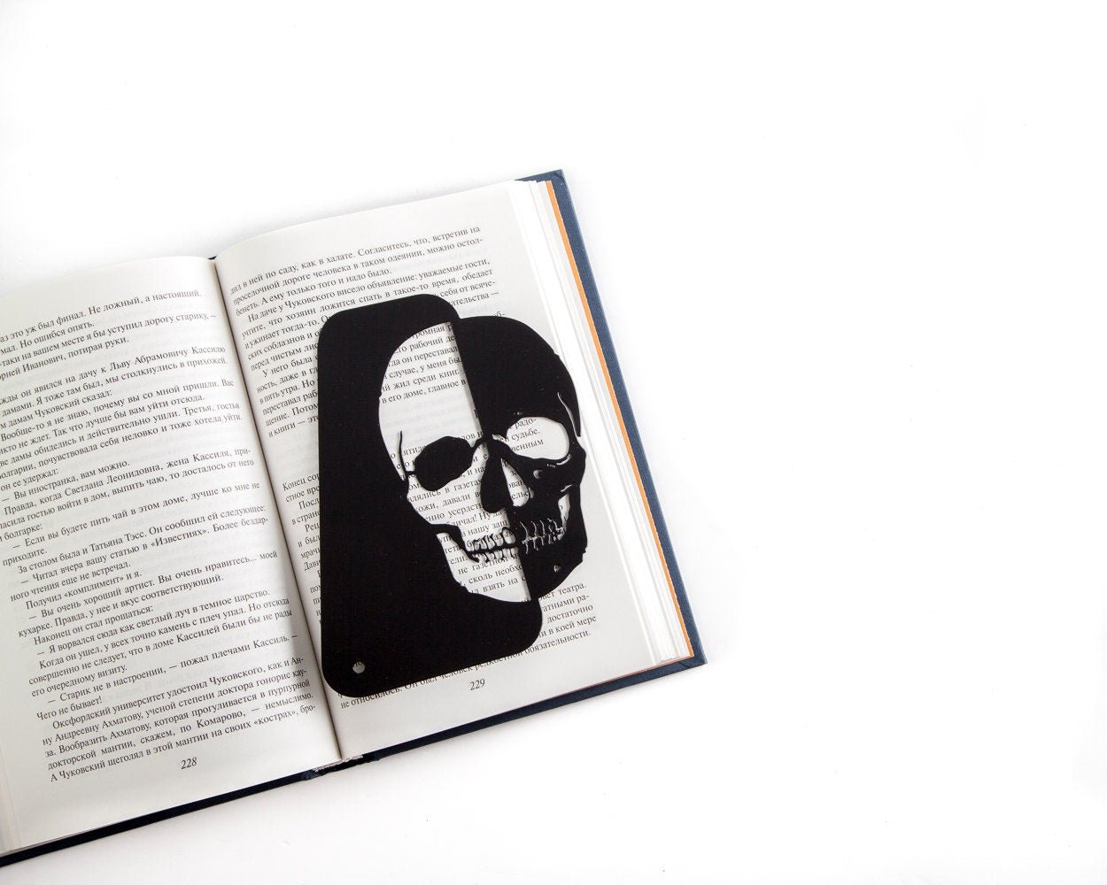 Skull Bookshelf Divider metal bookmark resting on the pages of an open book