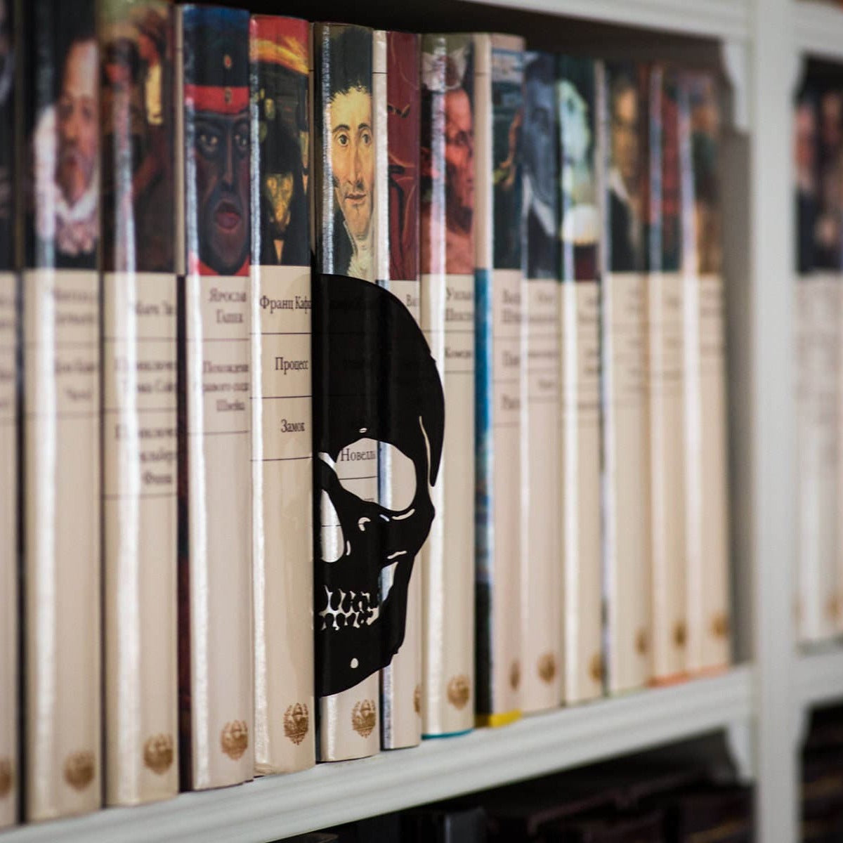 Skull Bookshelf Divider metal bookmark shown with a stack of books