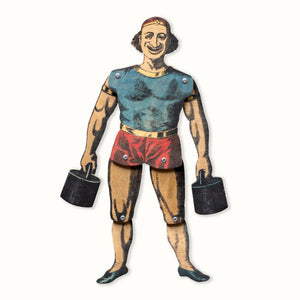 articulated plywood strongman puppet holding weights, front view